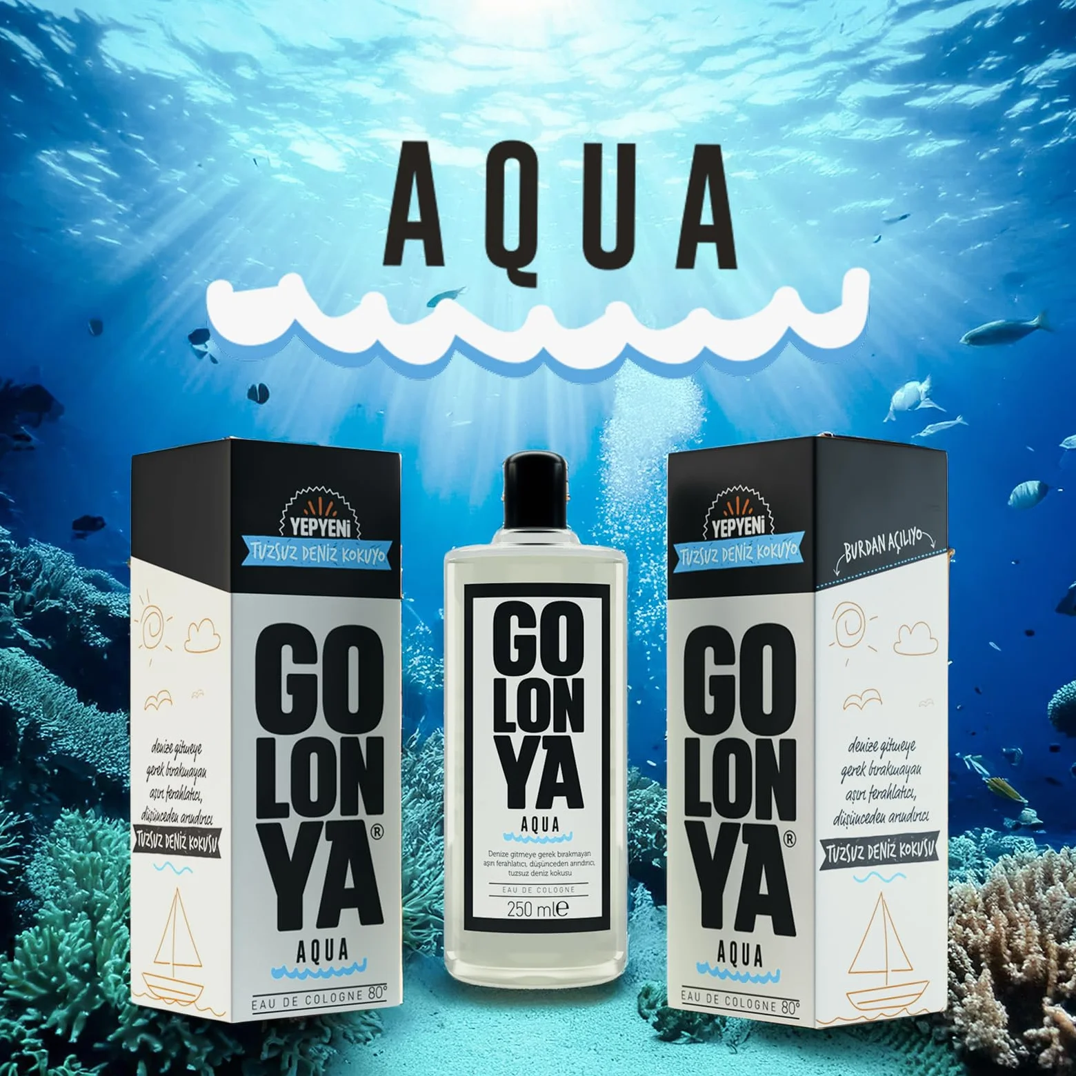 AQUA - Butelka wody kolońskiej - Butelka Kolonya 250ml - Orzeźwiający - Intensywny - Zapach morski - Perfumy unisex utrzymujące się przez długi czas
