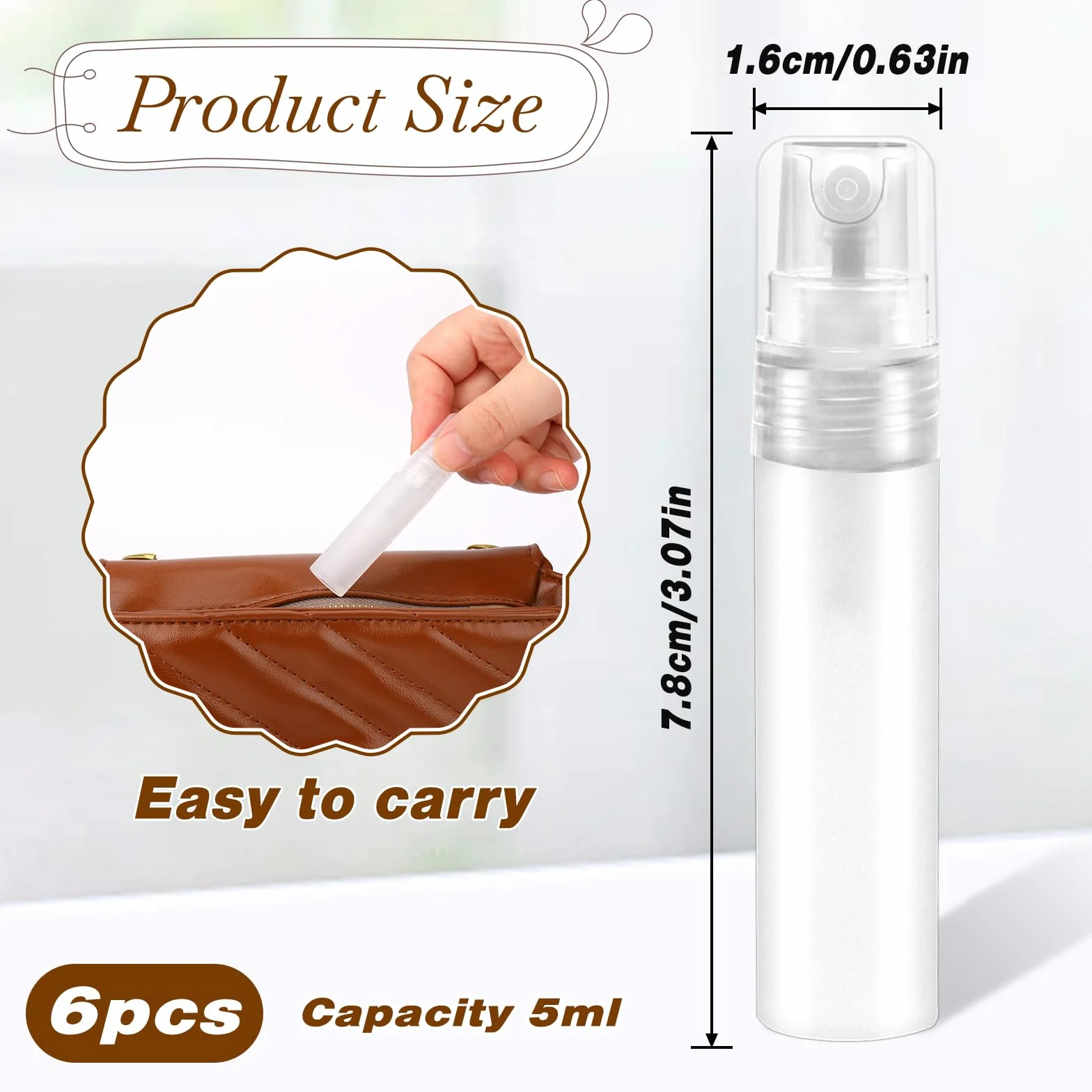 Mozeat Lens 6 sztuk mini butelek z atomizerem do perfum, 5ml, wielokrotnego napełniania, puste butelki z rozpylaczem, pojemnik do podróży, plastikowa pompka do zapachów, przenośna butelka z atomizerem