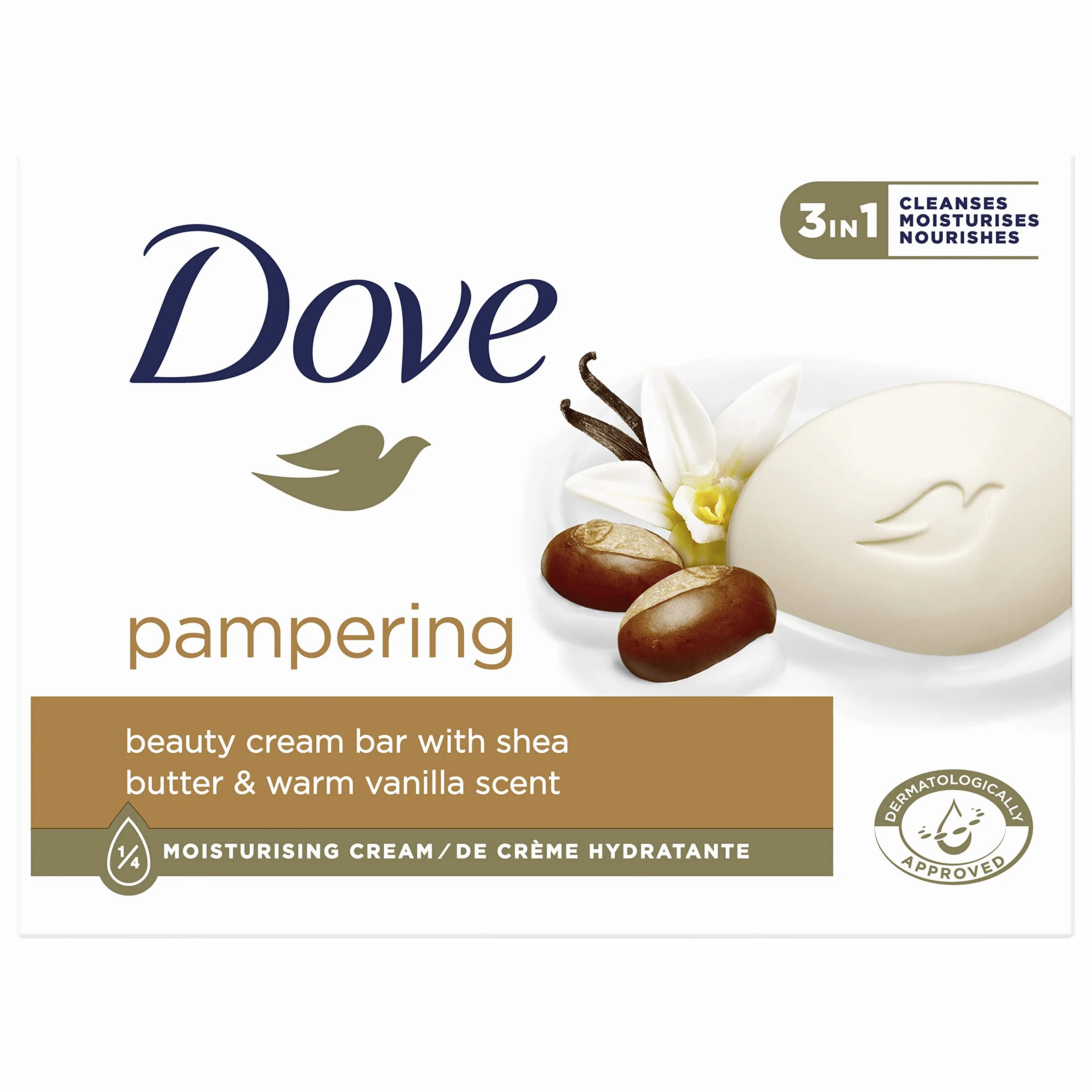 Dove Waschstück Pampering Cream Bar z 1/4 kremu nawilżającego dla miękkiej i gładkiej skóry, 90 g