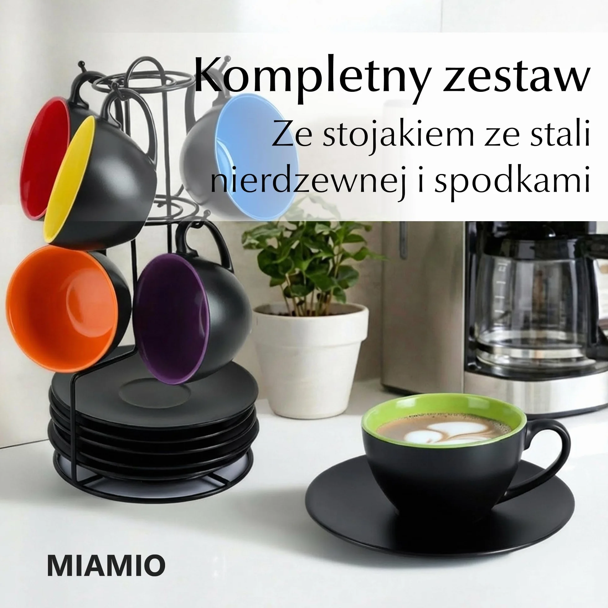 MIAMIO - 6 x 175 ml filiżanek do cappuccino/zestaw filiżanek do cappuccino Na zewnątrz czarne Wewnątrz kolorowe - Kolekcja Le Papillon (Mieszane)