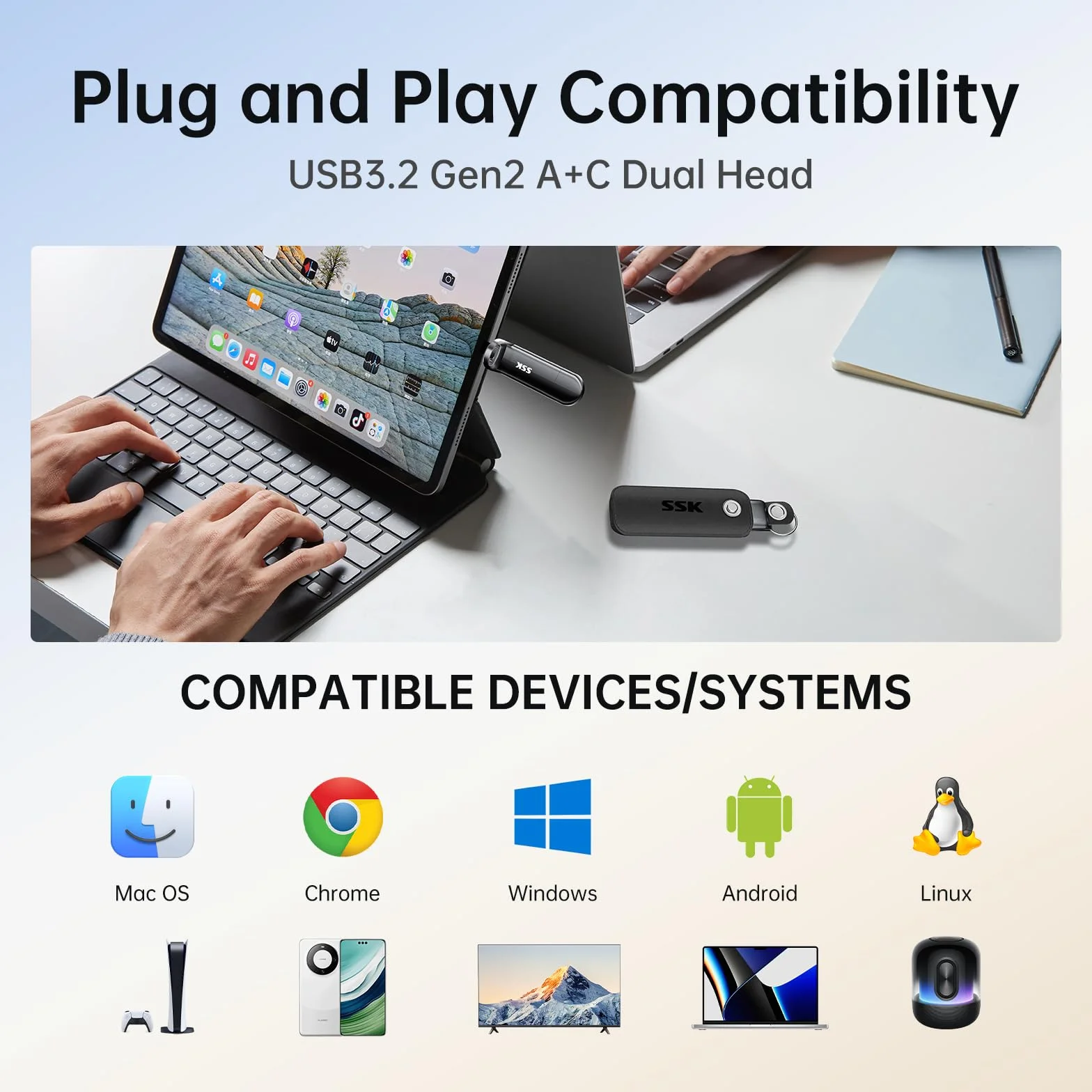 SSK Zewnętrzny dysk SSD 1TB, USB 3.2 Gen 2 Przenośny dysk SSD prędkość do 1000 MB/s, podwójny USB C i zewnętrzny dysk półprzewodnikowy do iPhone'a 15/16/17-Series/PS4/Android Telefon / Tablet/Windows