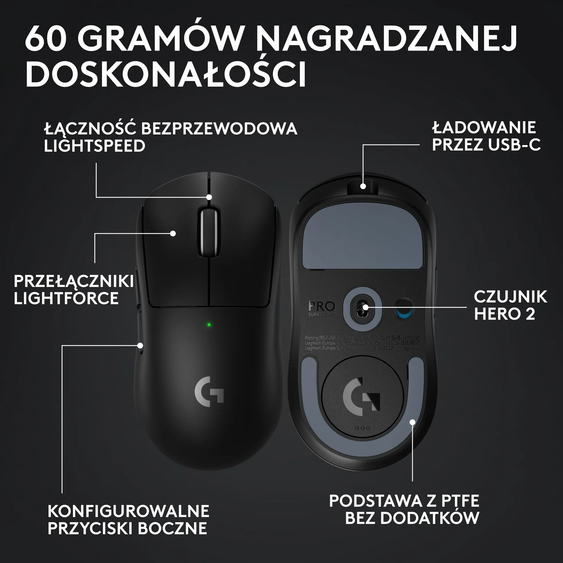 Logitech G PRO X SUPERLIGHT 2, bezprzewodowa mysz do gier, Pro-Grade mysz waga 60 g, Östeuropa Version,5 programowalnymi przyciskami, 44 tys. DPI,częstotliwość raportowania 8 kHz,USB-C, PC/Mac, Czarny