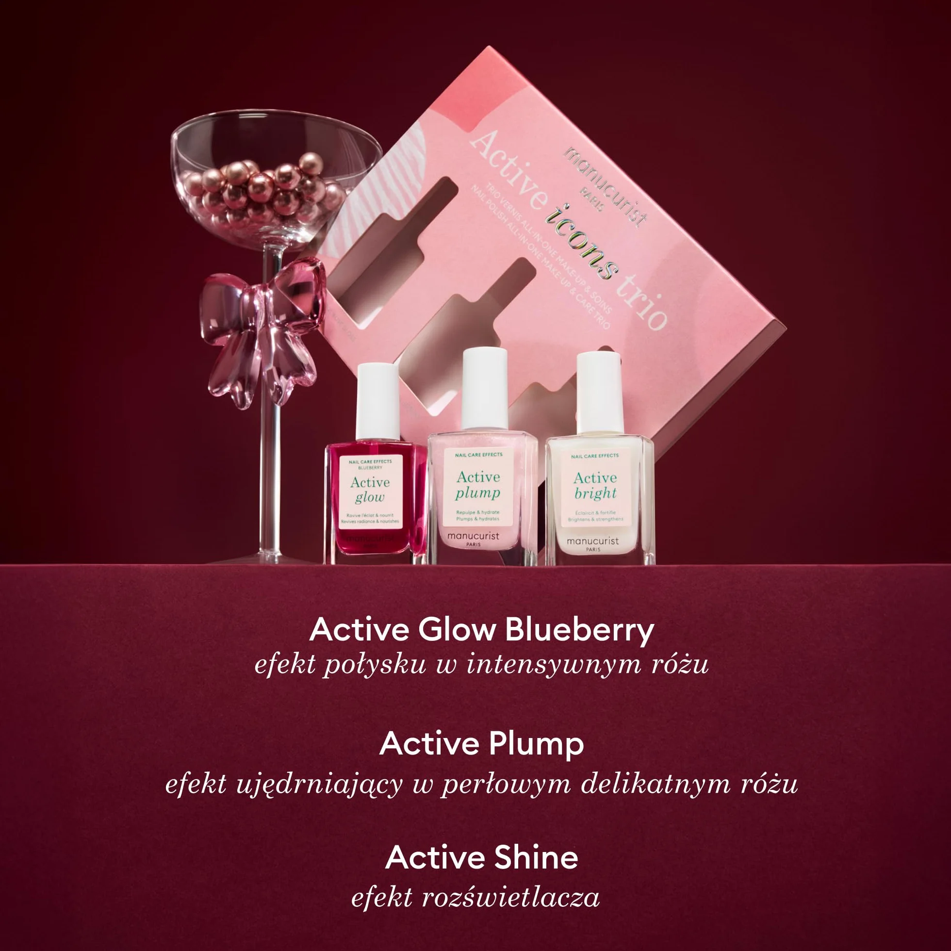 Zestaw świąteczny Manucurist Active Icons Trio – lakiery do paznokci Active Glow Blueberry, Shine, Plump – odżywka wzmacniająca – rozświetlający zabieg – lakiery i pielęgnacja – prezenty