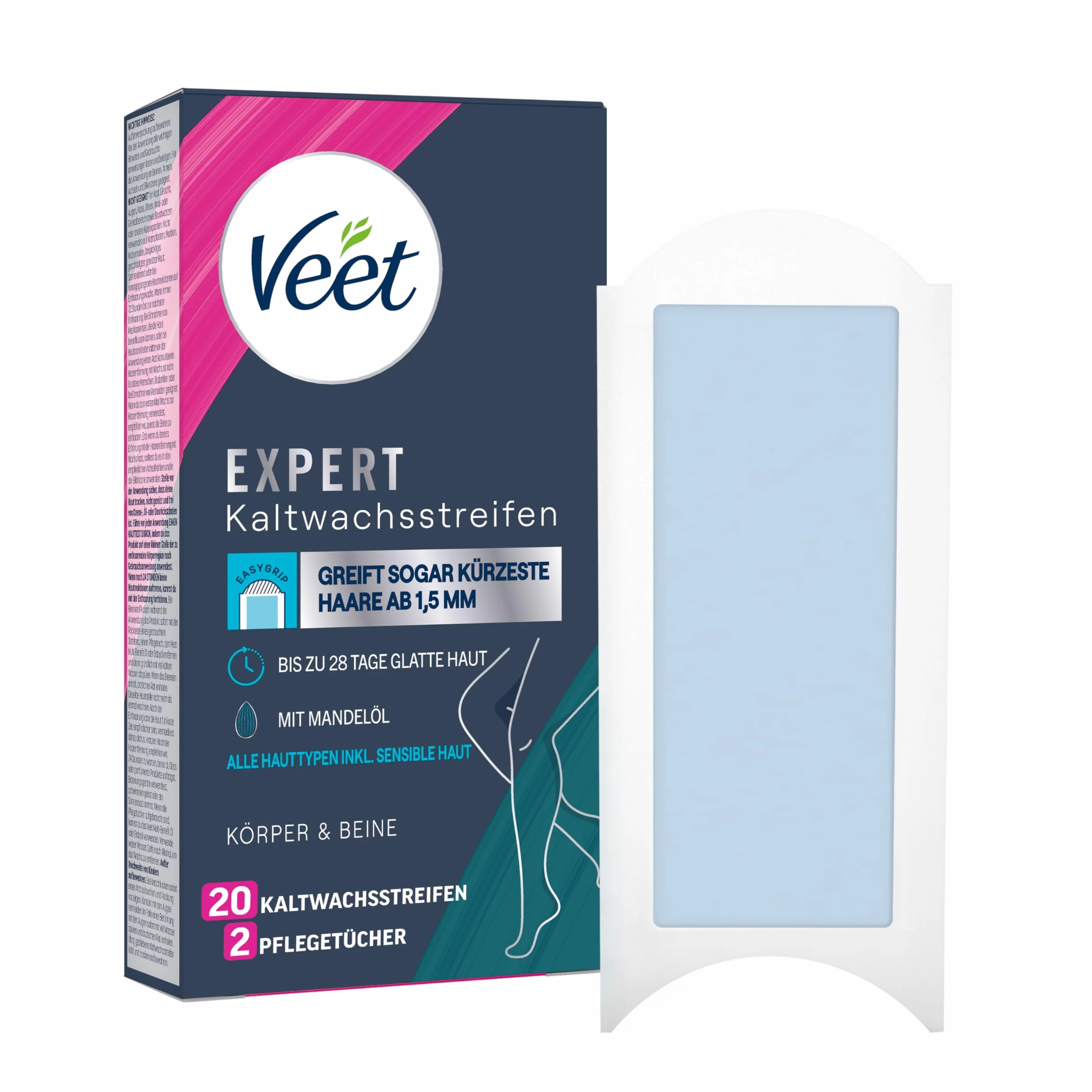 Veet Expert paski woskowe na ciało i nogi – paski woskowe do usuwania włosów do wszystkich rodzajów skóry, w tym skóry wrażliwej – 10 podwójnych pasków = 20 pasków