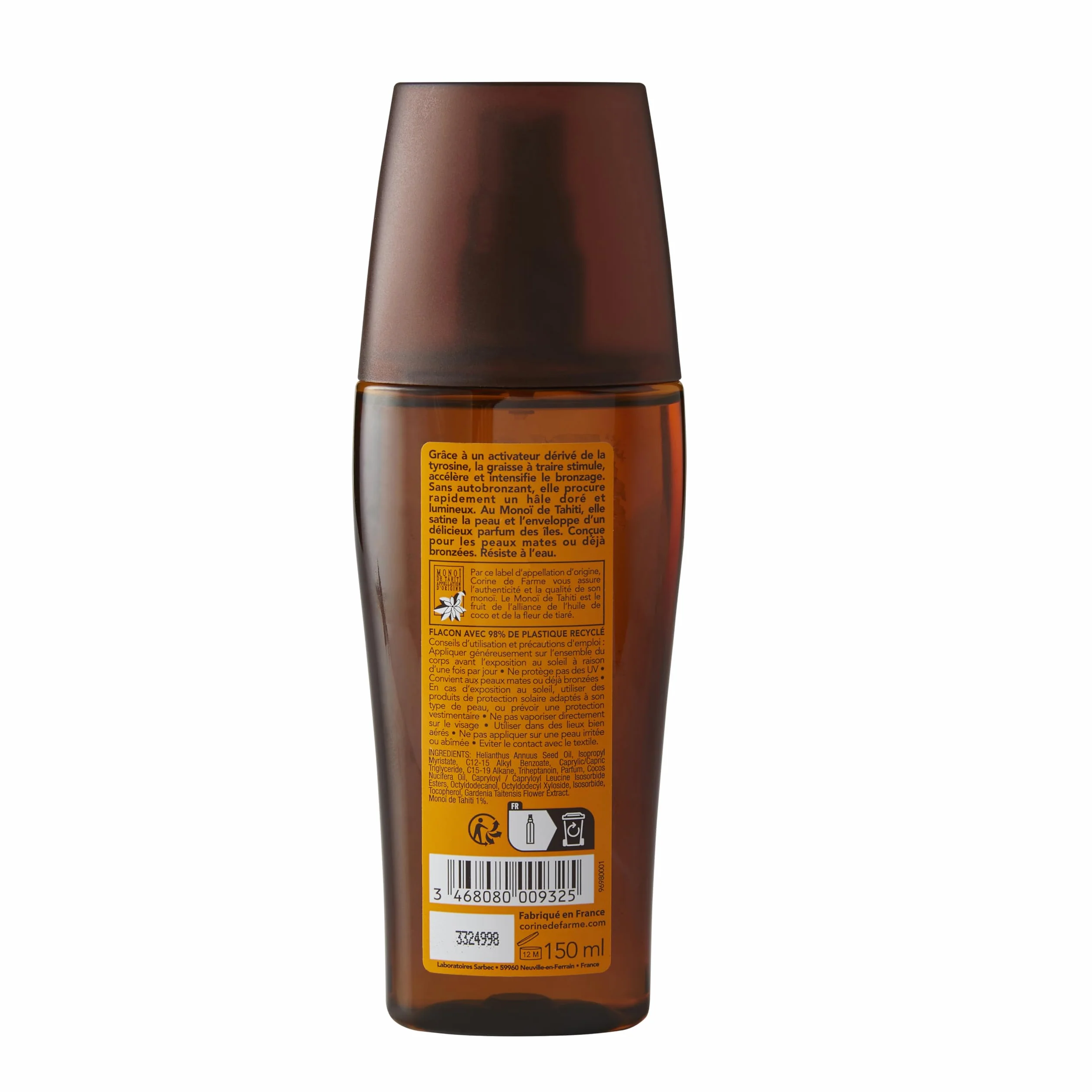 Corine de Farme - Olejek opalający z aktywatorami opalania - Tahiti Monoi - bez samoopalacza - Przeznaczony do skóry matowej lub już opalonej - 150 ml
