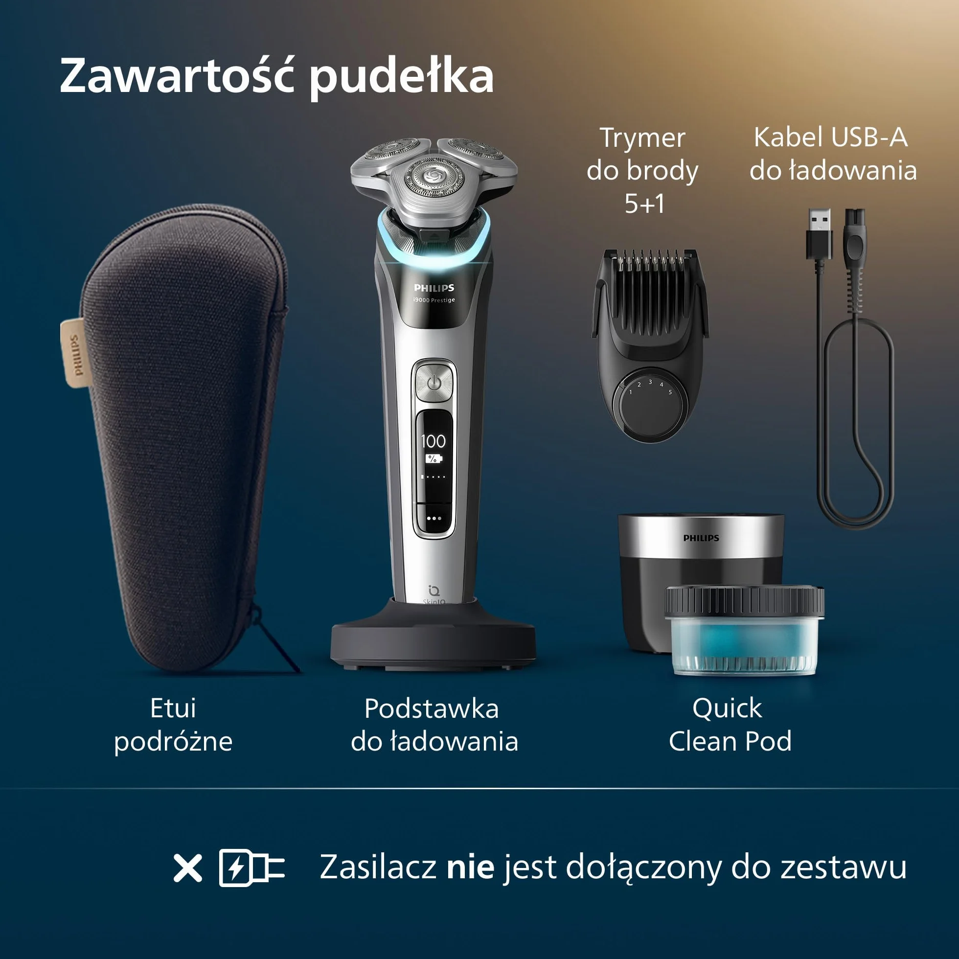 Philips Shaver i9000 Prestige, golarka elektryczna do golenia na sucho i mokro z technologią Skin IQ, System Triple Lift & Cut, podwójne ostrza SteelPrecision 360º, stylizator brody, Model XP9204/33