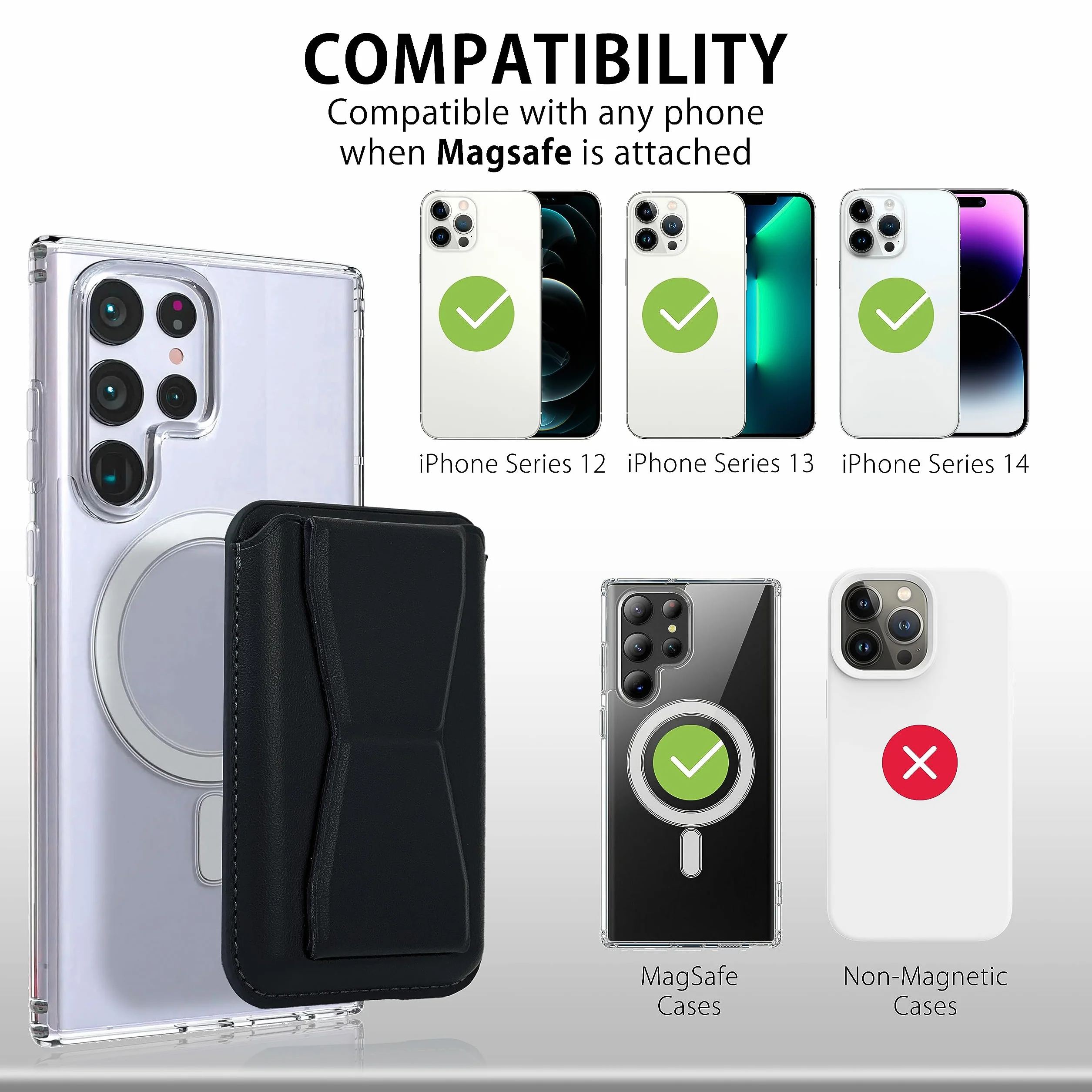MyGadget Magnetyczny portfel Magsafe, z przegródką na kartę i podstawką, wykonany ze sztucznej skóry, kompatybilny z Apple iPhone 14, 13, seria 12, czarny, Czarny, Magsafe Wallet, Minimalistyczny