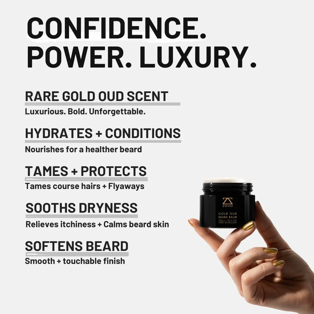 ZOUSZ Gold Oud Balsam do brody dla mężczyzn, bogate, ziemiste pachnące masło do brody z naturalnymi olejkami, nawilża, zmiękcza i zwalcza brodę, pielęgnacja skóry premium i pielęgnacja brody, 50 g