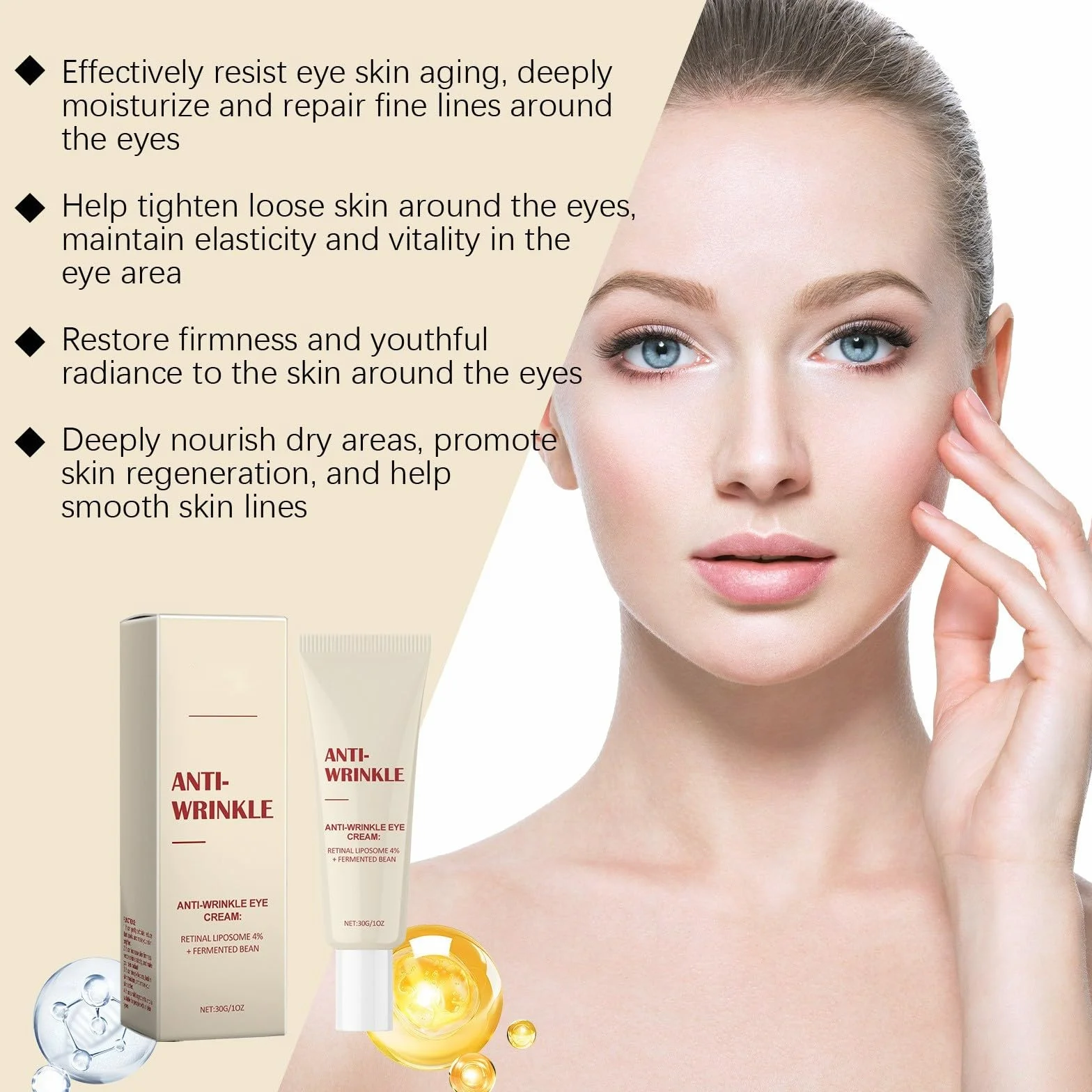 Retinol Serum, przeciwstarzeniowy krem pod oczy z 4% liposomem siatkówki i sfermentowaną fasolą, czarny żeń-szeń, przeciwstarzeniowy i redukujący hałas, przeciwzmarszczkowy i cienie pod oczami, 30 ml