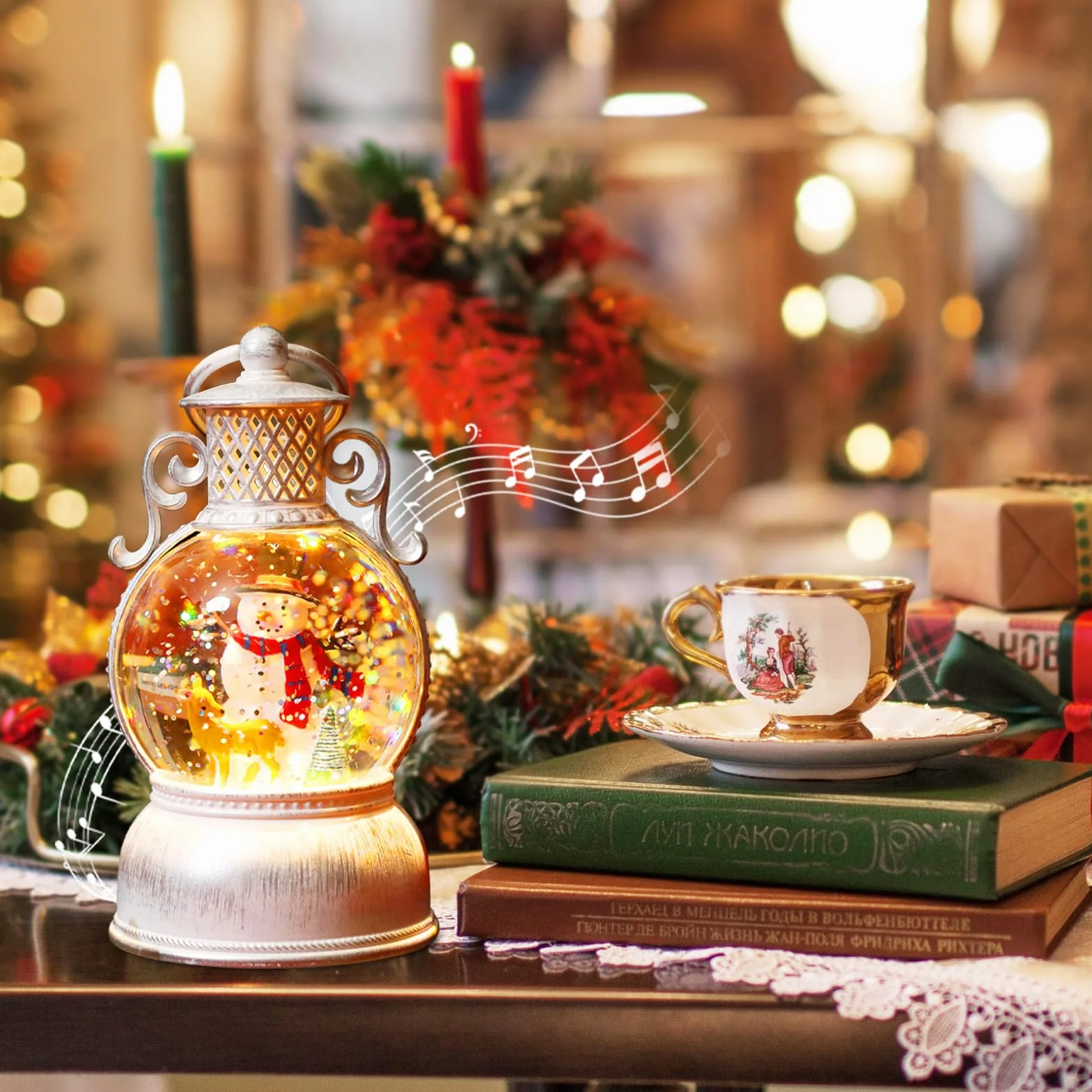 Qunkun Świąteczna Kula Śnieżna LED z Muzyką i Światłem, Dekoracja Bożonarodzeniowa Vintage, Prezent na Imprezę Bożonarodzeniową, Dekoracja Domu