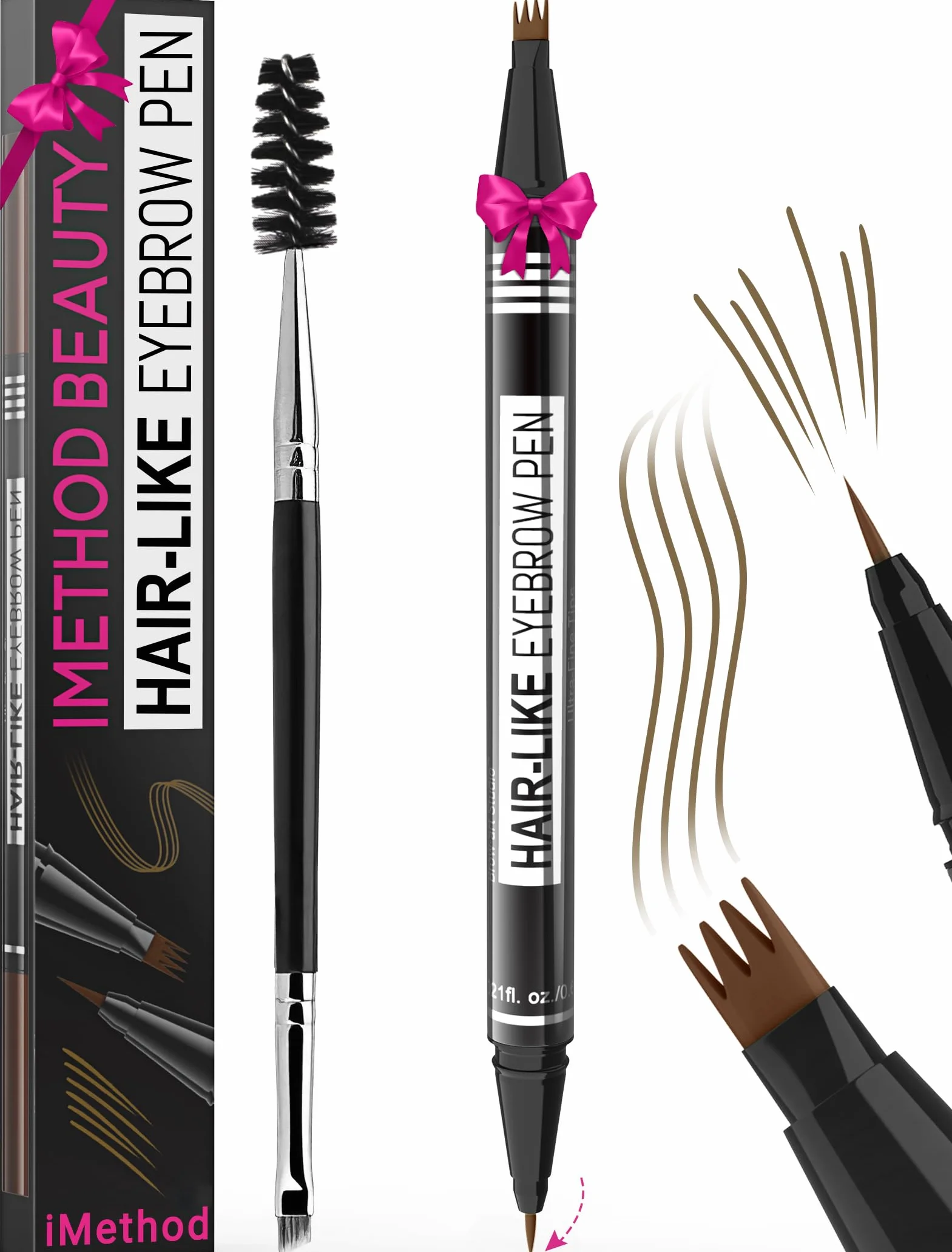iMethod Microblading kredka do brwi - Eyebrow Pencil 2-w-1 dwustronna kredka do brwi z 4-zębnym aplikatorem z mikro-widelcową końcówką i precyzyjną końcówką pędzla tworzy naturalne brwi, brązowa