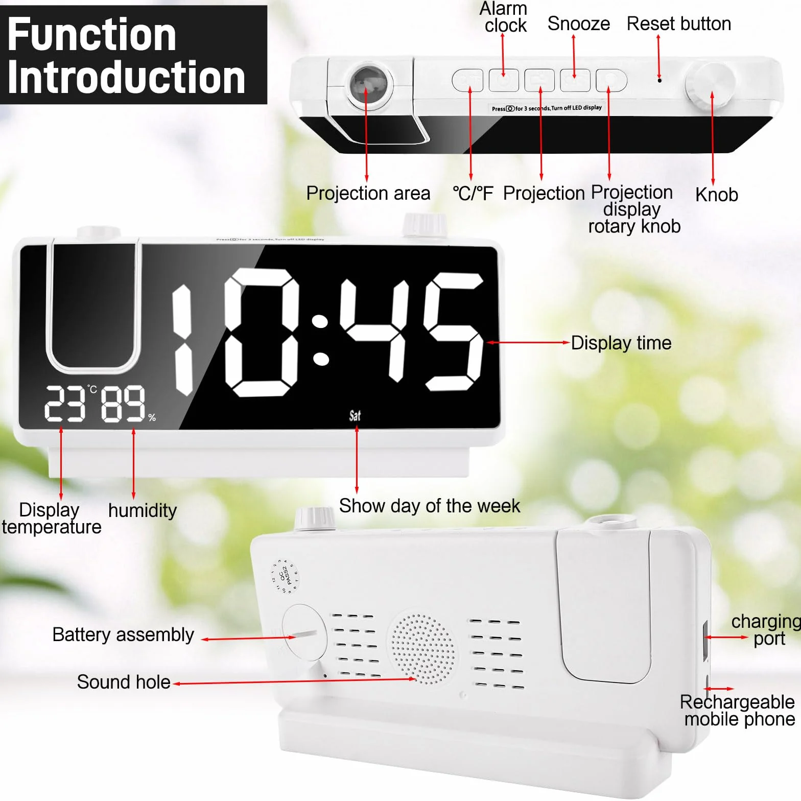Budzik Cyfrowy z Projekcją LED 3 Poziomy Jasności USB 180° Temperatura Wilgotność 12/24H Biały