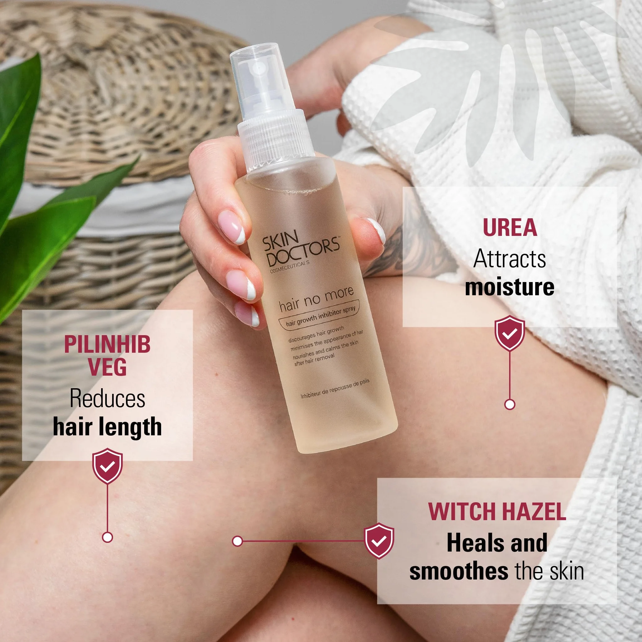Skin Doctors Hair Inhibitor, spray inhibitor włosów, po goleniu, woskowaniu, depilacji, spowalnia wzrost włosów i pielęgnuje skórę. Do stosowania na nogach, linii bikini, pod pachami i twarz - 120 ml