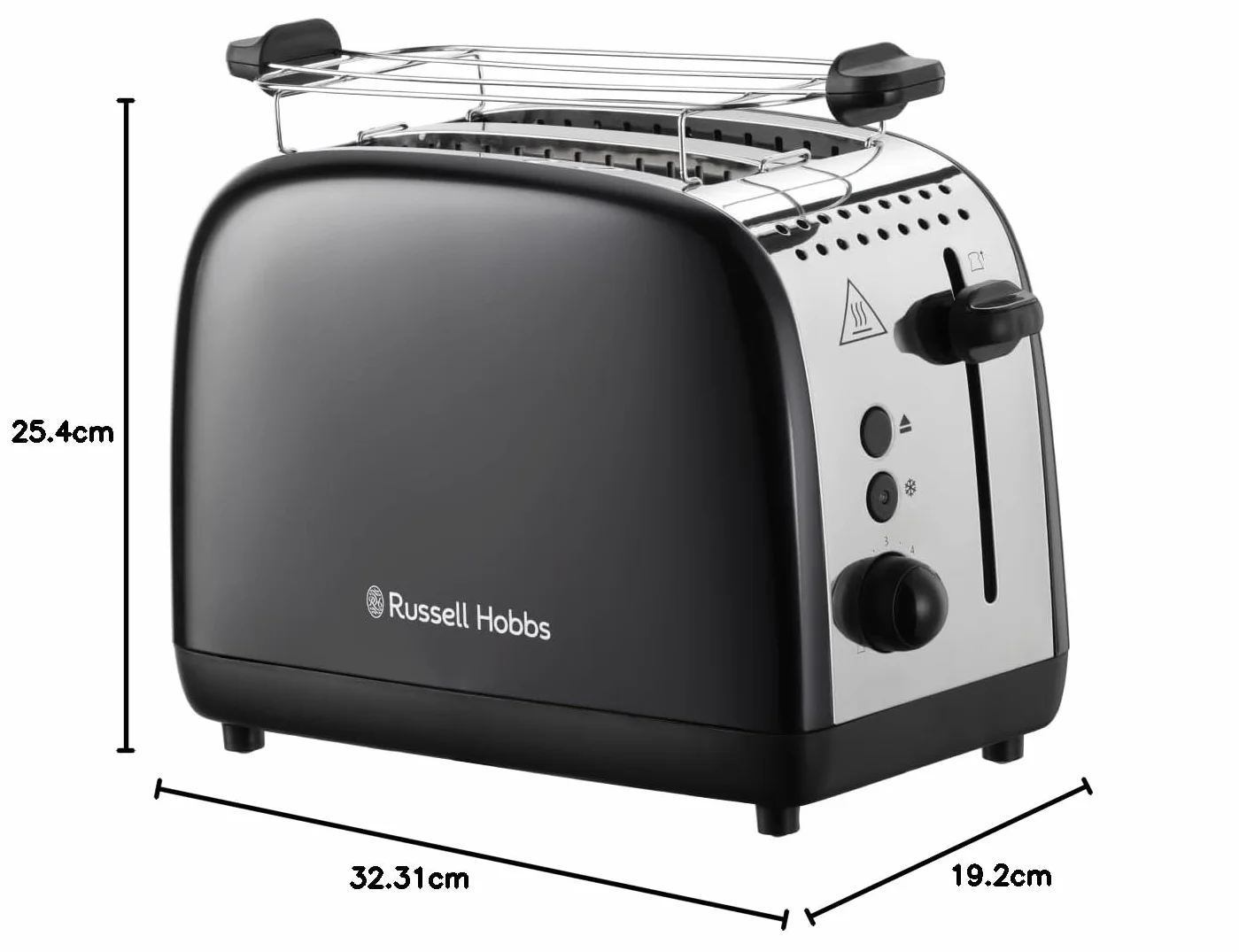 Russell Hobbs toster, na 2 kromki, bardzo szerokie szczeliny na tosty, nasadka do bułek, 6 ustawień opiekania, funkcja rozmrażania i Lift & Look, 1670W, stal nierdzewna, czarny, Colors Plus 26550-56