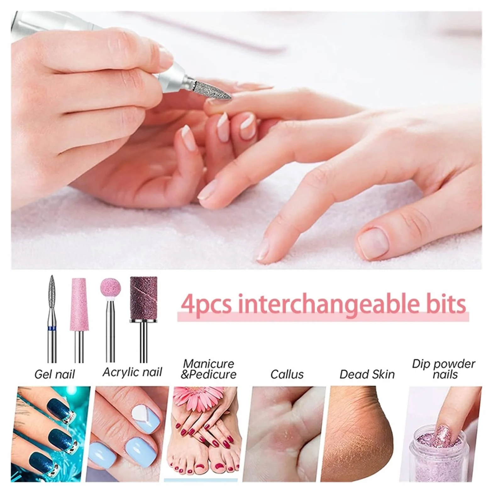 Obcinacz do paznokci, 40000RPM elektryczna wiertarka do paznokci maszyna do manicure do paznokci, Pedicure z ekranem dotykowym, sprzęt do zdobienia paznokci, zestaw frezów do paznokci(Wit)