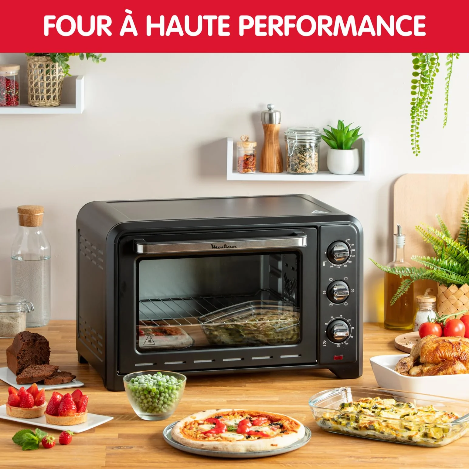 Moulinex Piekarnik 33 l, ogrzewanie obrotowe, zaawansowana konwekcja, 6 trybów gotowania, termostat regulowany do 240°C, timer 120 min, kratka odwracalna, uchwyty silikonowe, Optimo Black OX464811