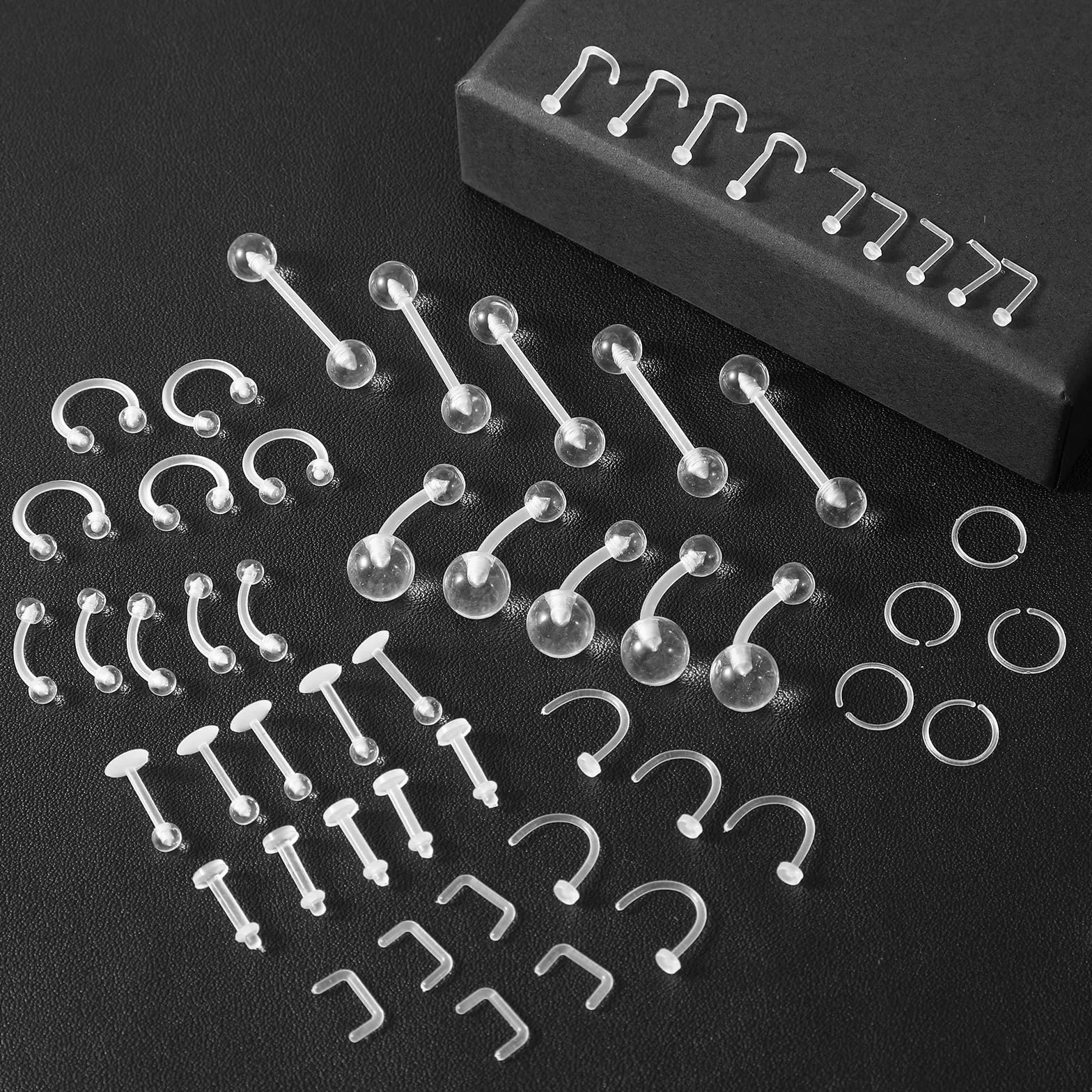 Yolev Zestaw 55 przezroczystych uchwytów do piercingu – przegrody nosowej, elastycznej wargi, ucha, nosa, języka, sutka, chrząstki i sztangi przemysłowej z tworzywa sztucznego