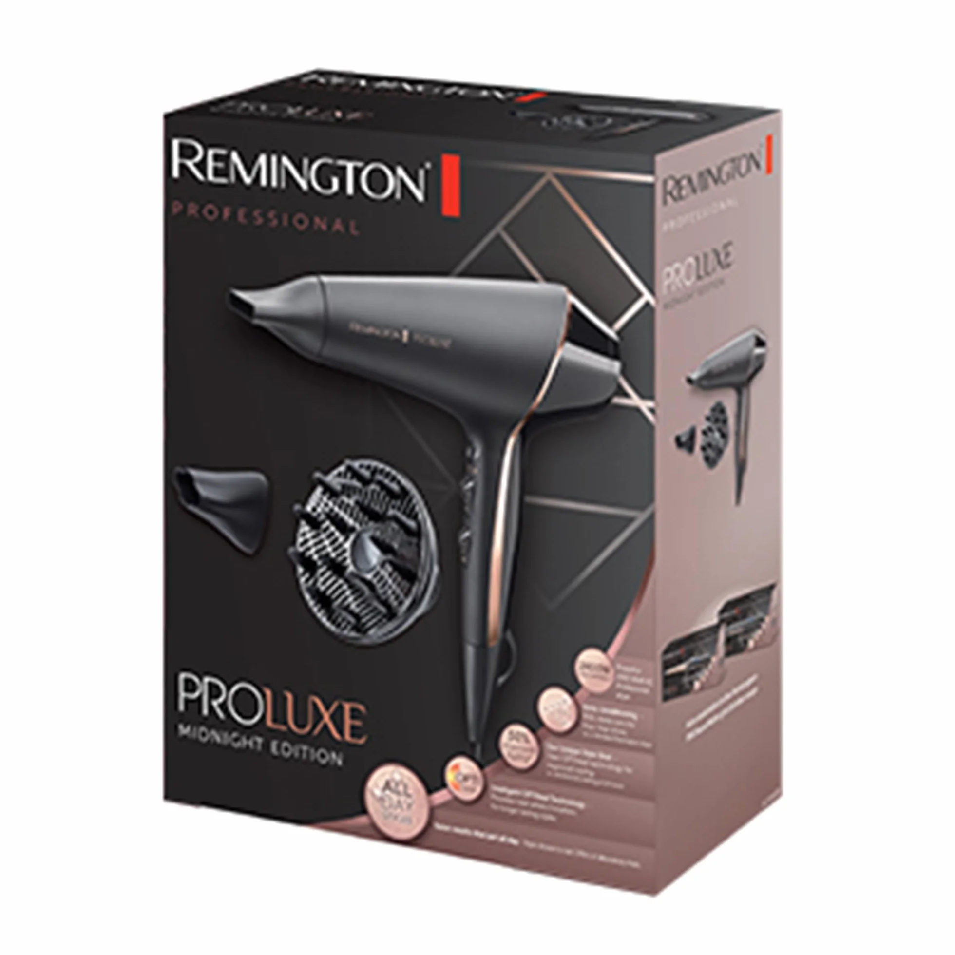 Remington suszarka do włosów z jonizacją, inteligentna tech. OptiHeat - utrwala fryzurę do 24h, 2 koncentratory i dyfuzor, lekka, zimny nawiew, moc 2400W, 150 km/h, PROluxe Midnight AC9140B