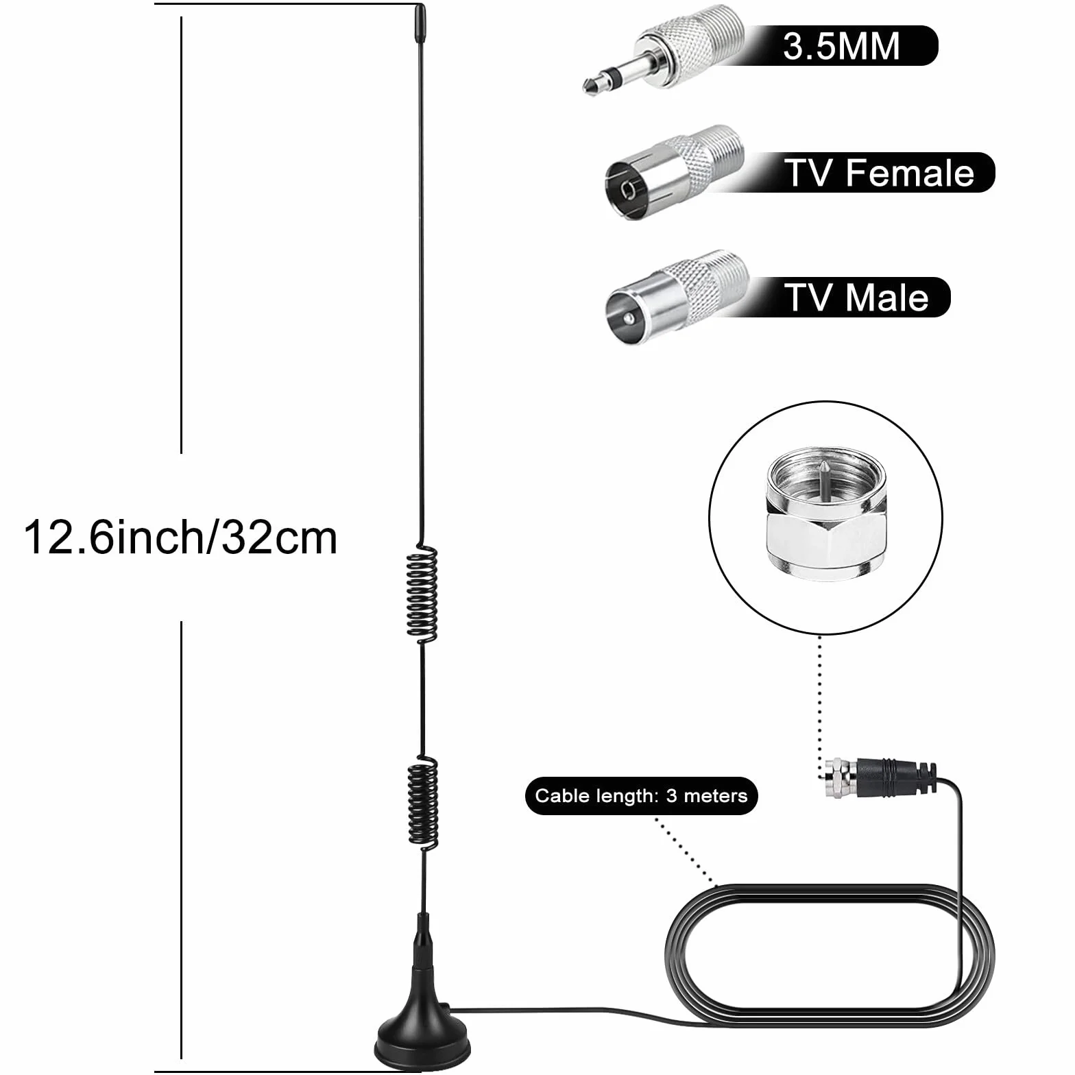 Aicharynic DAB Radio FM z anteną, podstawa magnetyczna, 3 m, cyfrowy przedłużacz stereo audio i wideo, odbiornik kina domowego