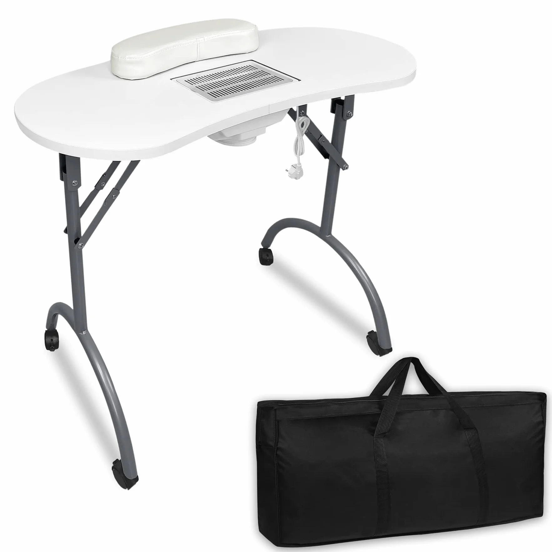 Froadp Zestaw Stolików do Manicure 90x33x77cm Składane Stoły do Paznokci Mobilny Stolik do Manicure z Poduszką na Rękę z PU, Odkurzaczem do Paznokci, Torbą na Kurz i Torbą do Przechowywania (Biały)
