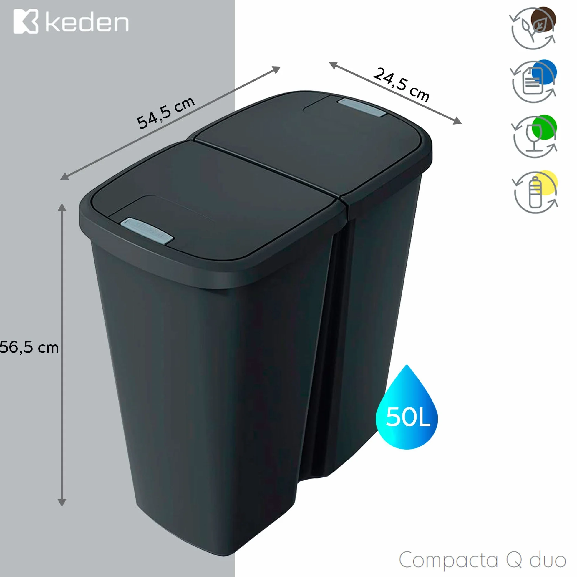 KEDEN Poubelle 2 couvercles indépendants 50L