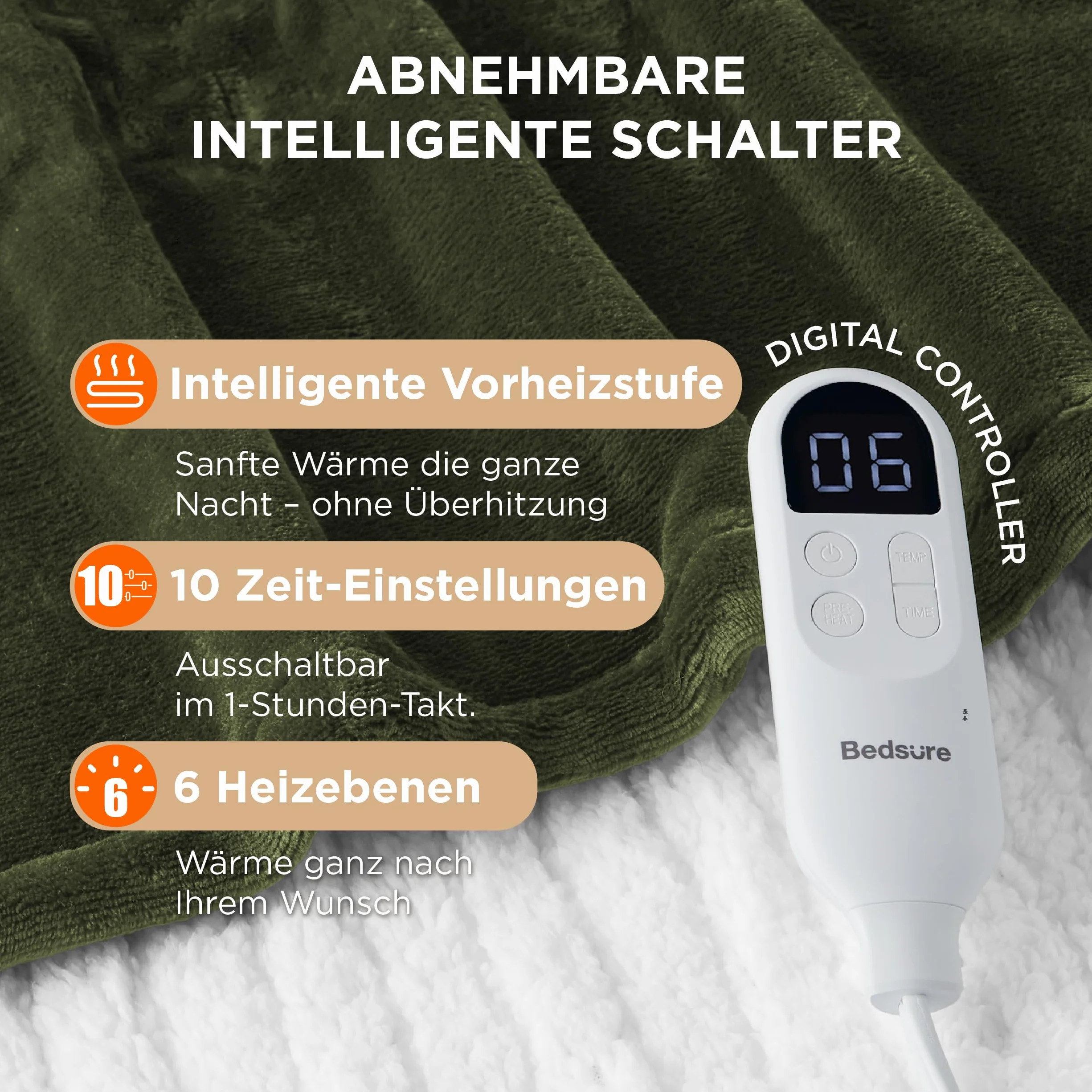 BEDSURE Koc grzewczy elektryczny 130x180 cm 6 stopni ogrzewania timer 10h zielony