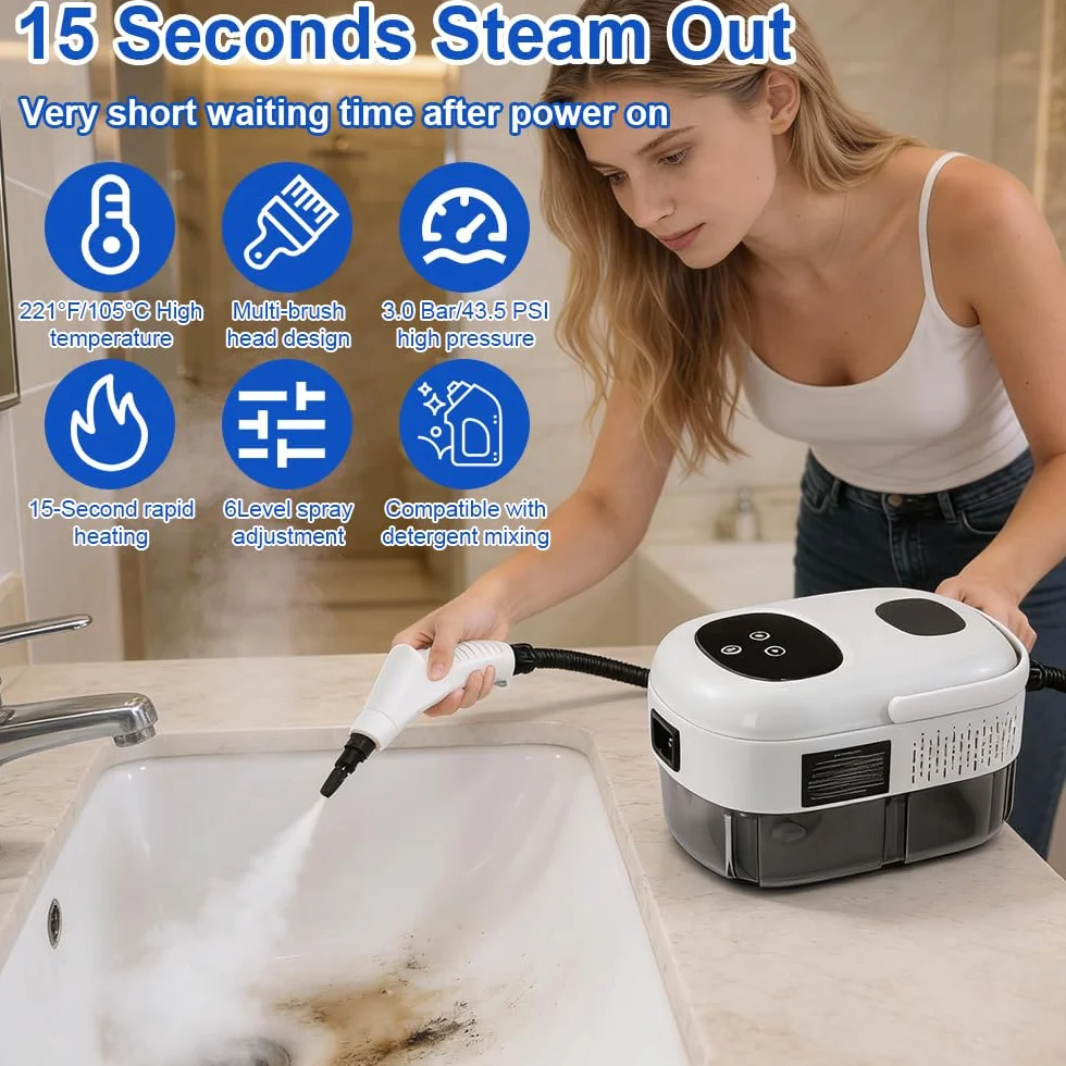 Przenośna myjka parowa 2500 W, ręczna ze zbiornikiem 1100 ml i 3 głowicami szczotkowymi do kuchni, łazienki, samochodu