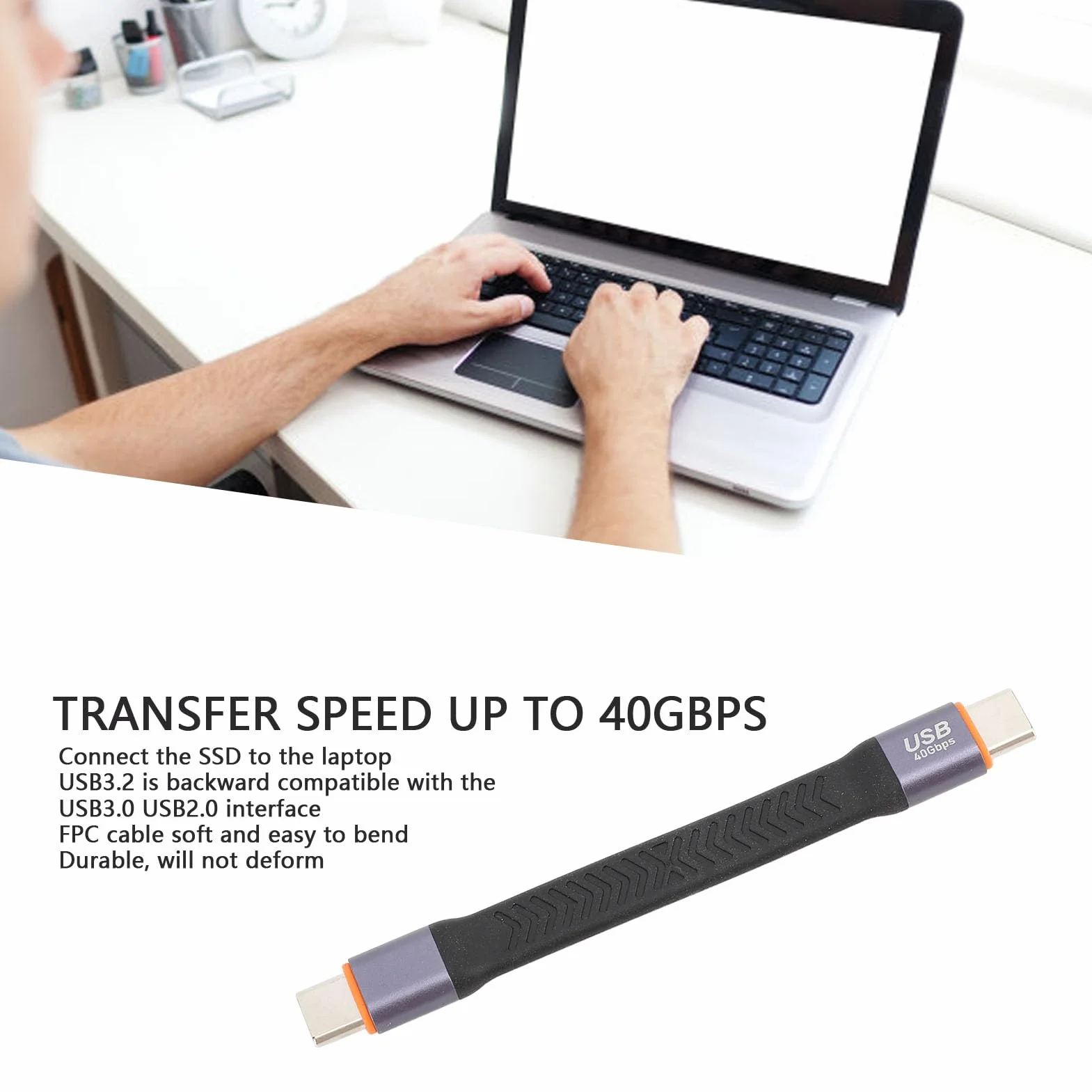 Krótki Kabel USB C do USB C, USB3.2 Gen2 Typ C z Męskiego na Męskie Kabel do Transmisji Danych 40 Gb/s FPC Elastyczny Kabel do Laptopa