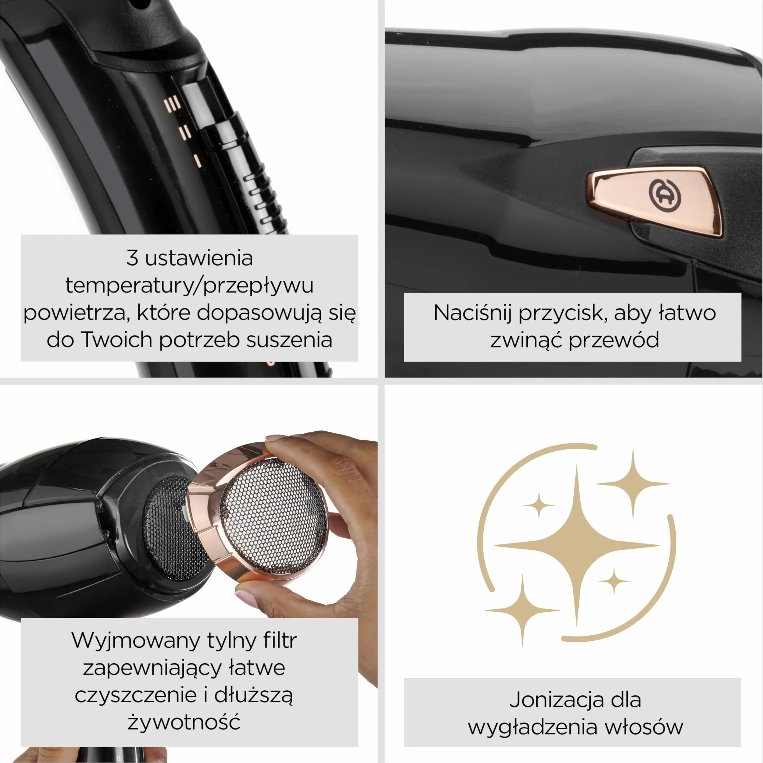 Suszarka BaByliss Cordkeeper - Suszarka do włosów o mocy 2000 W z unikalnym 1,65m zwijanym przewodem, jonizacją zapobiegającą puszeniu się włosów, 3 ustawienia temperatury i 2 prędkości, czarna, D373E