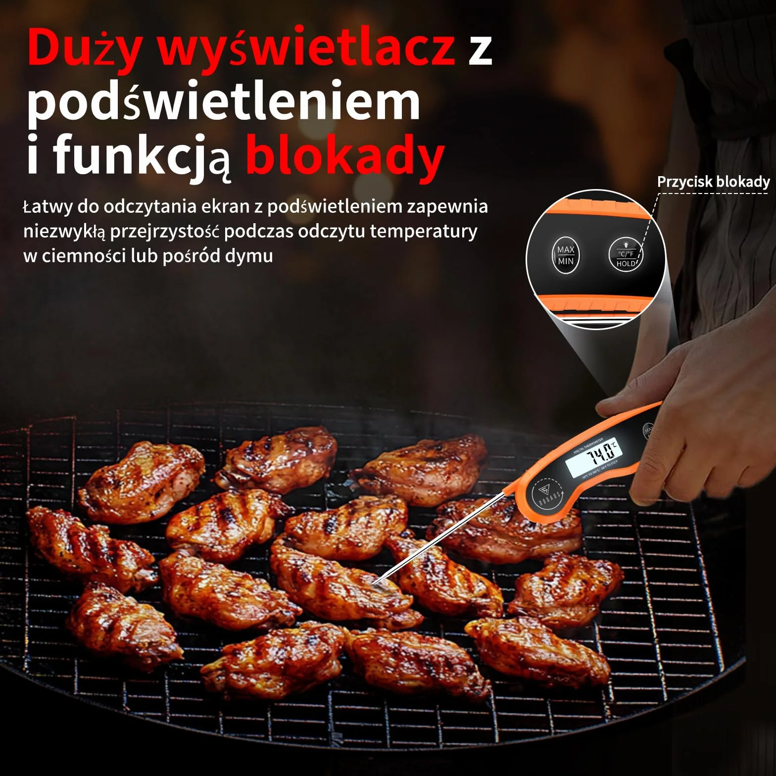 DOQAUS Termometr do grillowania, Cyfrowy Termometr, Natychmiastowy Odczyt w 3 Sekundy, Dokładność ±0,5℃, Podświetlany Ekran Lcd, Do Kuchni, Żywności Dla Niemowląt, Grilla, Oleju (Pomarańczowy)