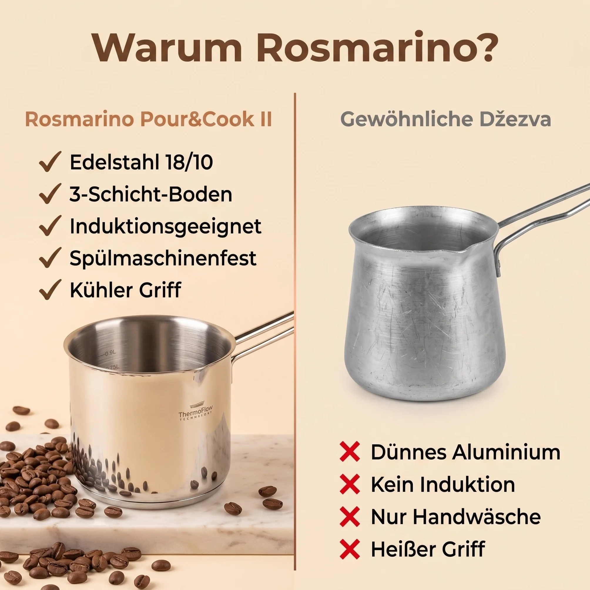 ROSMARINO dzbanek do kawy indukcyjny ze stali szlachetnej 900 ml - nowoczesna turecka kawa Cezve z 3-warstwowym dnem ze stali (900ml)