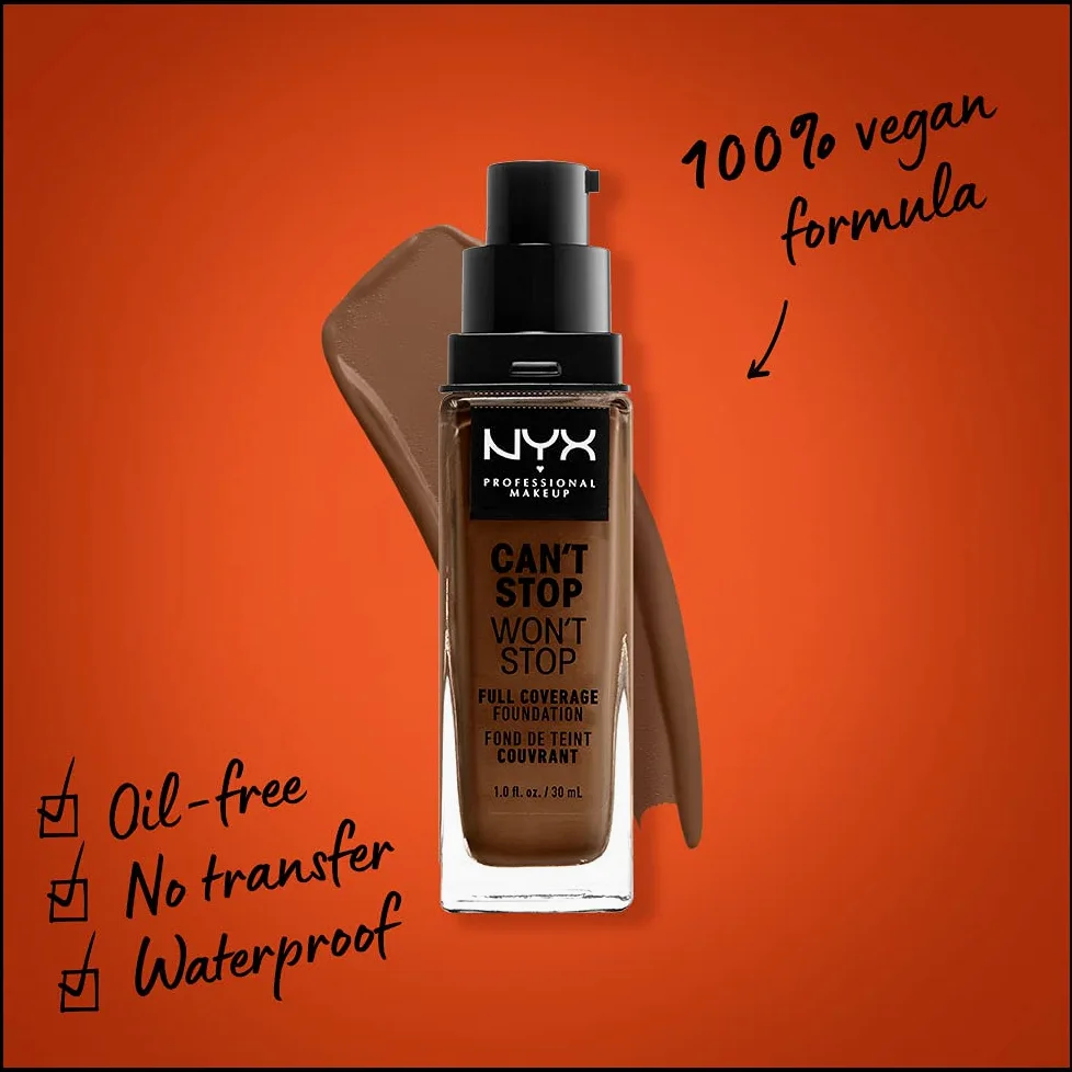 NYX Professional Makeup Can't Stop Won't Stop Full Coverage Foundation podkład do twarzy w płynie, kremowy, trwały, łatwe rozprowadzenie, 19 Mocha, 30 ml
