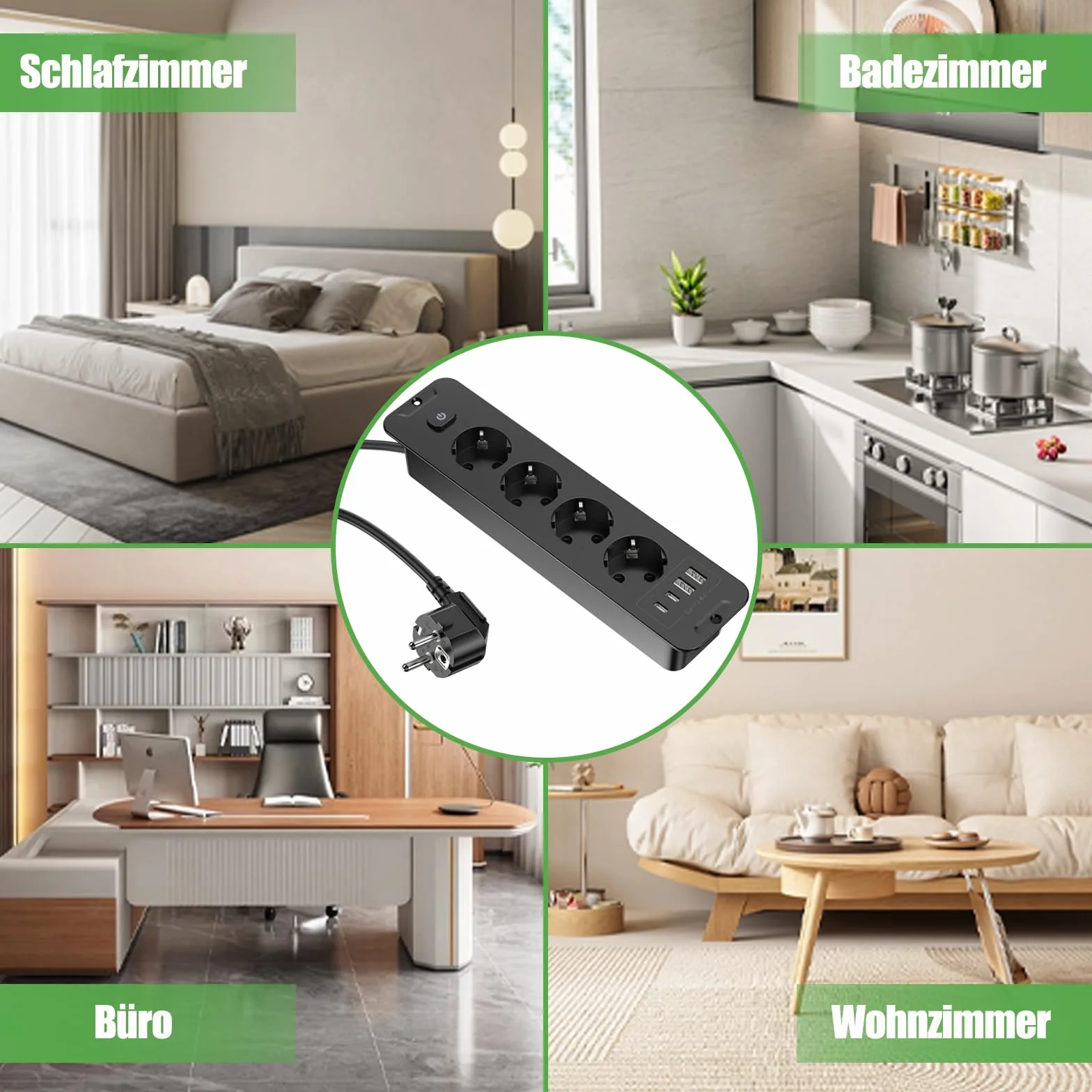 Listwa zasilająca stołowa z 4 gniazdami wtykowymi z 2 portami USB i 2 typami C, wpuszczane gniazdko z kablem 2 m, 250 V/16 A, do mebli lub powierzchni roboczych, czarna