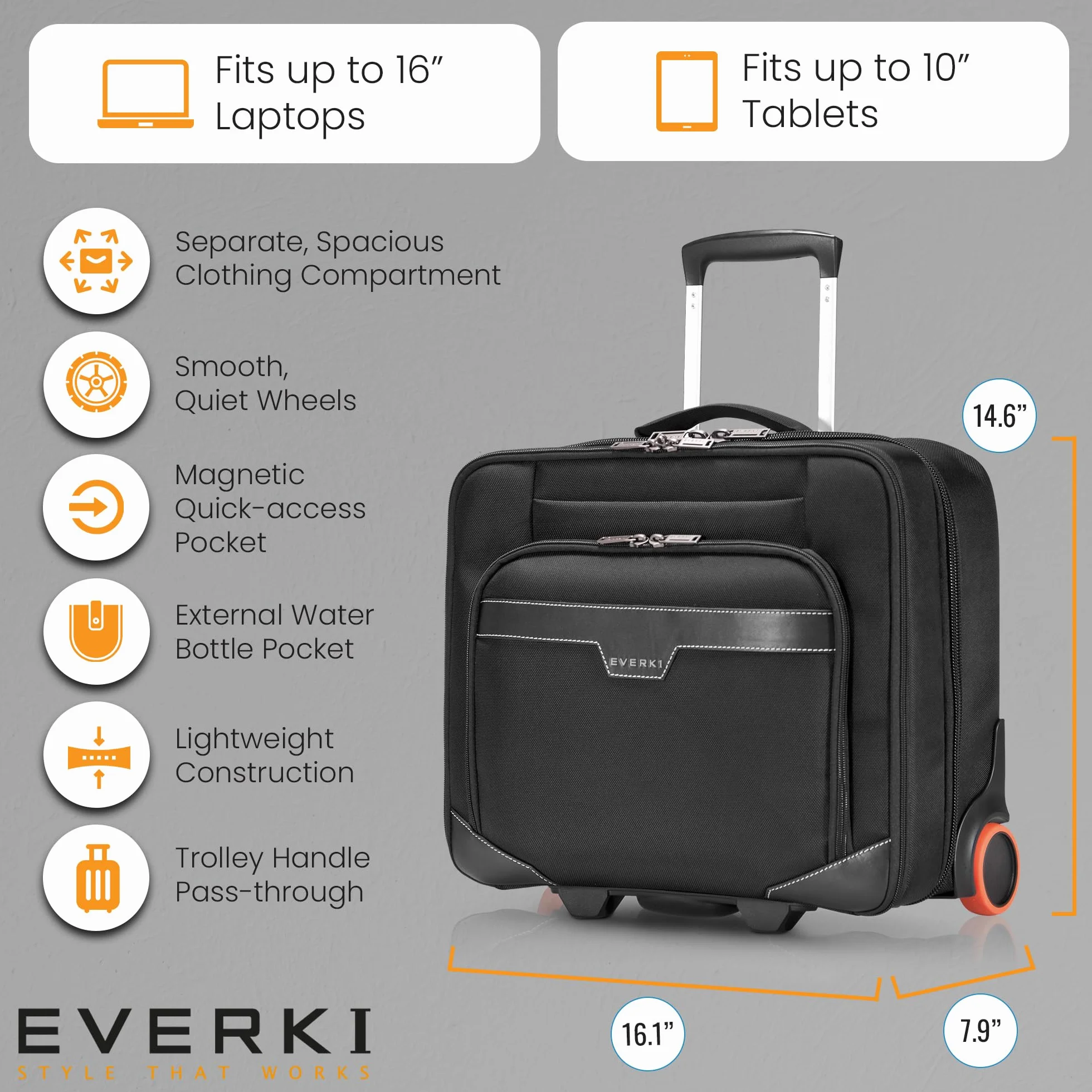 Everki 90981 Journey – wózek na laptopa – aktówka na kółkach 28 cm do 40.6 cm z możliwością dostosowania, Czarny, Geräte von 11 bis 16 Zoll, aktówka na laptopa