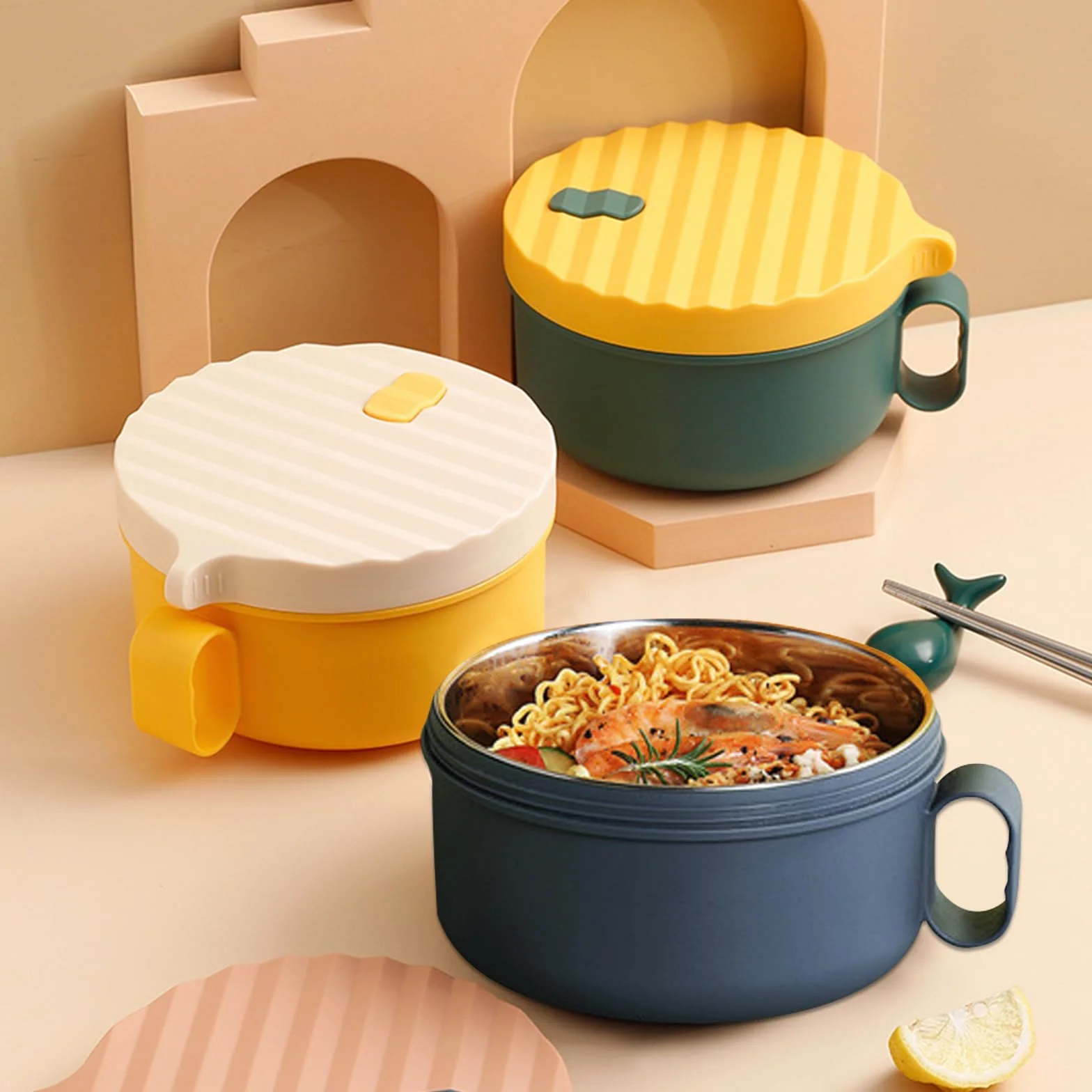 Miska na ramen ze stali nierdzewnej 1200 ml z pałeczkami i pokrywką japońskie naczynia (niebieska + różowa)