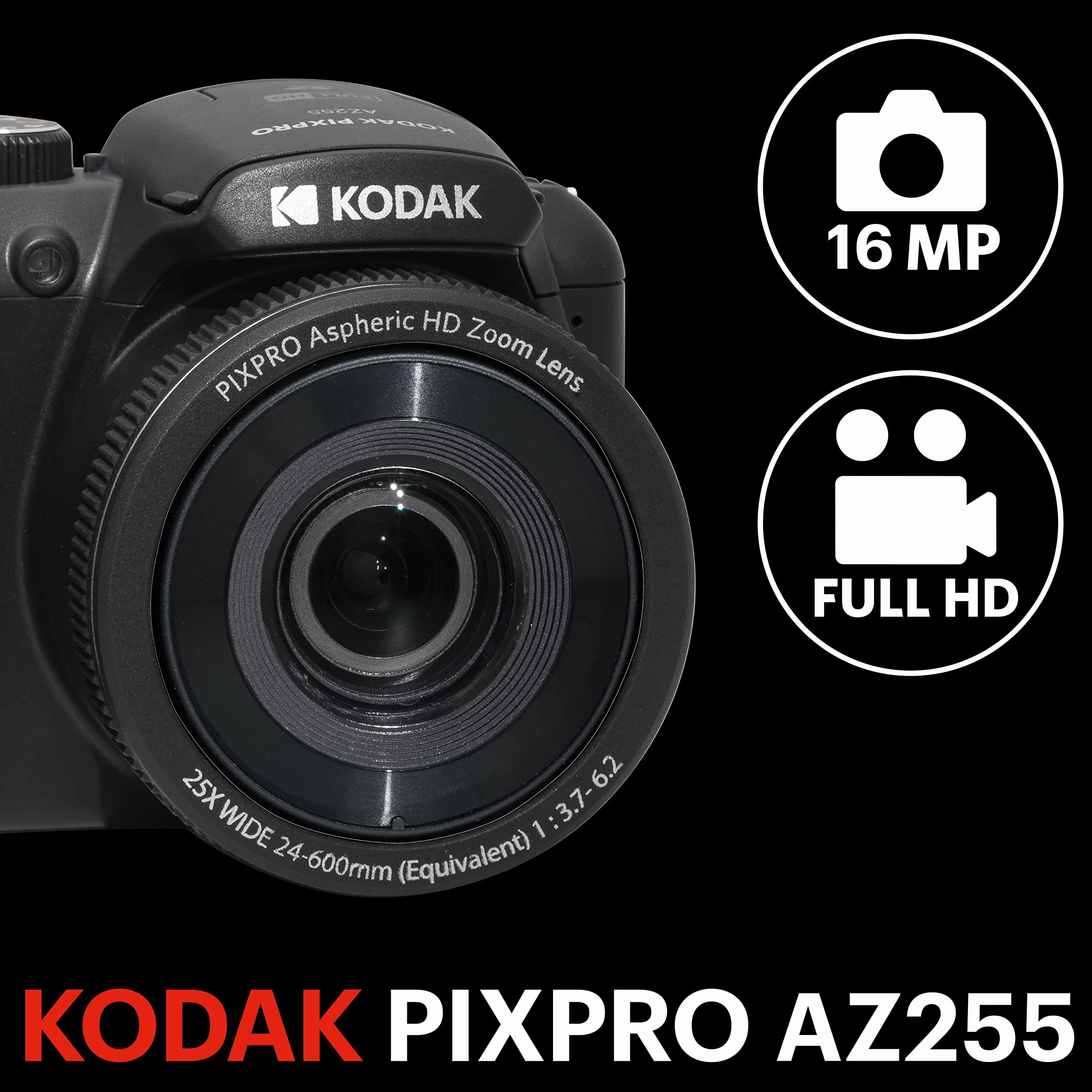 KODAK PIXPRO Astro Zoom AZ255-BK aparat cyfrowy 16 MP z 25-krotnym zoomem optycznym 24 mm, szeroki kąt 1080P Full HD i 3" LCD (czarny)