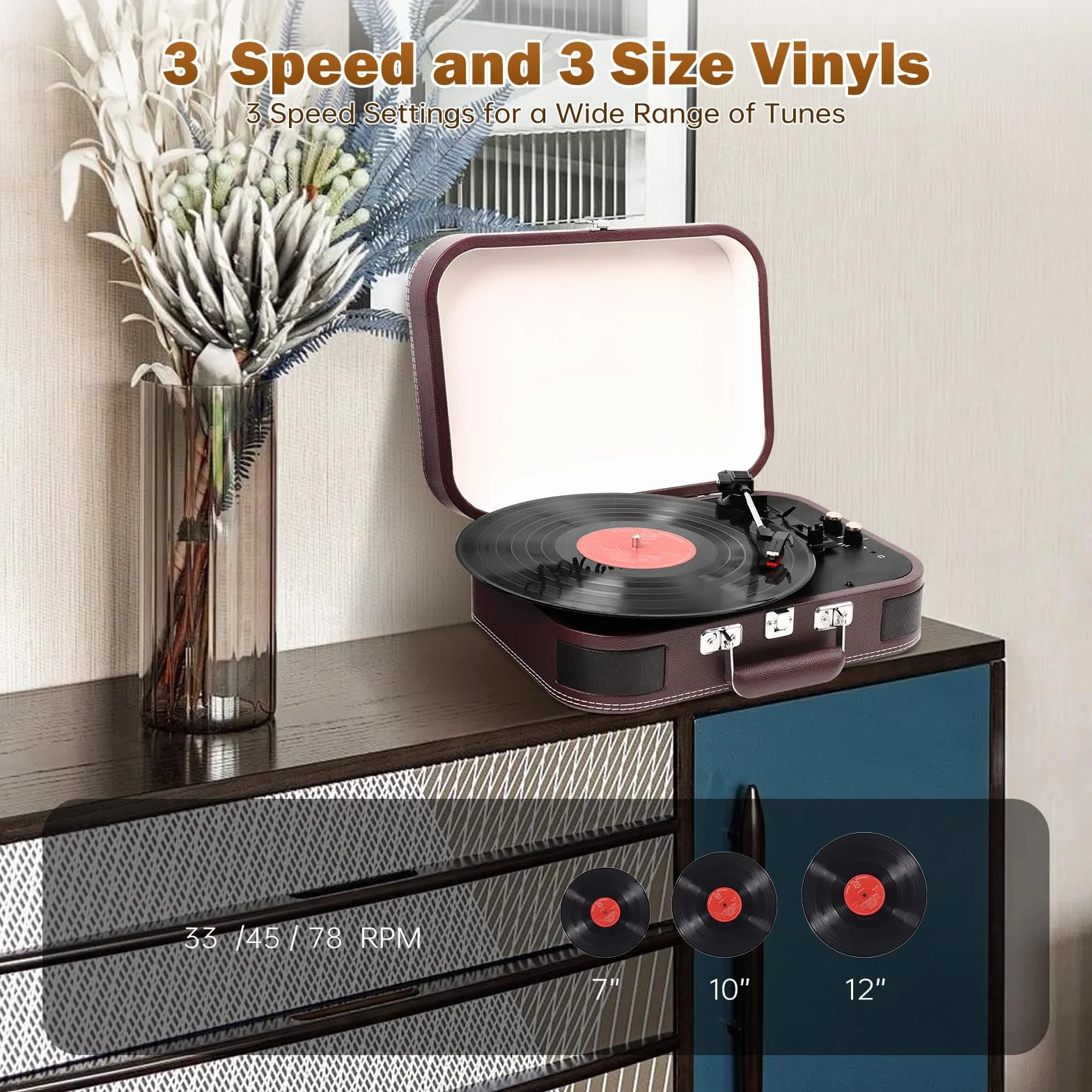 Gramofon Bluetooth, gramofon z głośnikami 33/45/78 obr./min, napęd pasowy, winylowy, USB, gramofon retro, winylowy na MP3 (czerwony)
