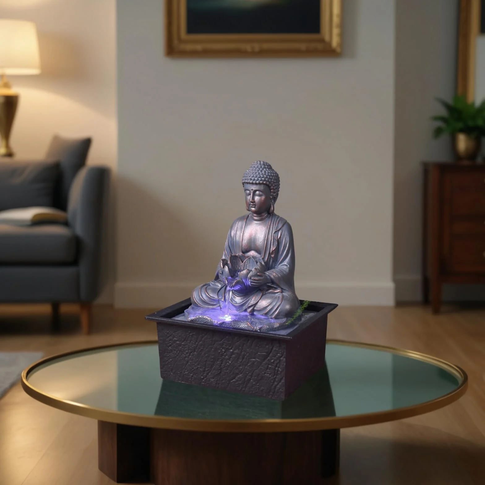 Fontanna wewnętrzna Budda Medytacja Lotos Kolorowe światło LED - Zen Deco Salon Sypialnia - Fontanna stołowa Relaksujący ruch - Przydatny prezent dla kobiet i mężczyzn - H 26cm - Sutra Zen'Light