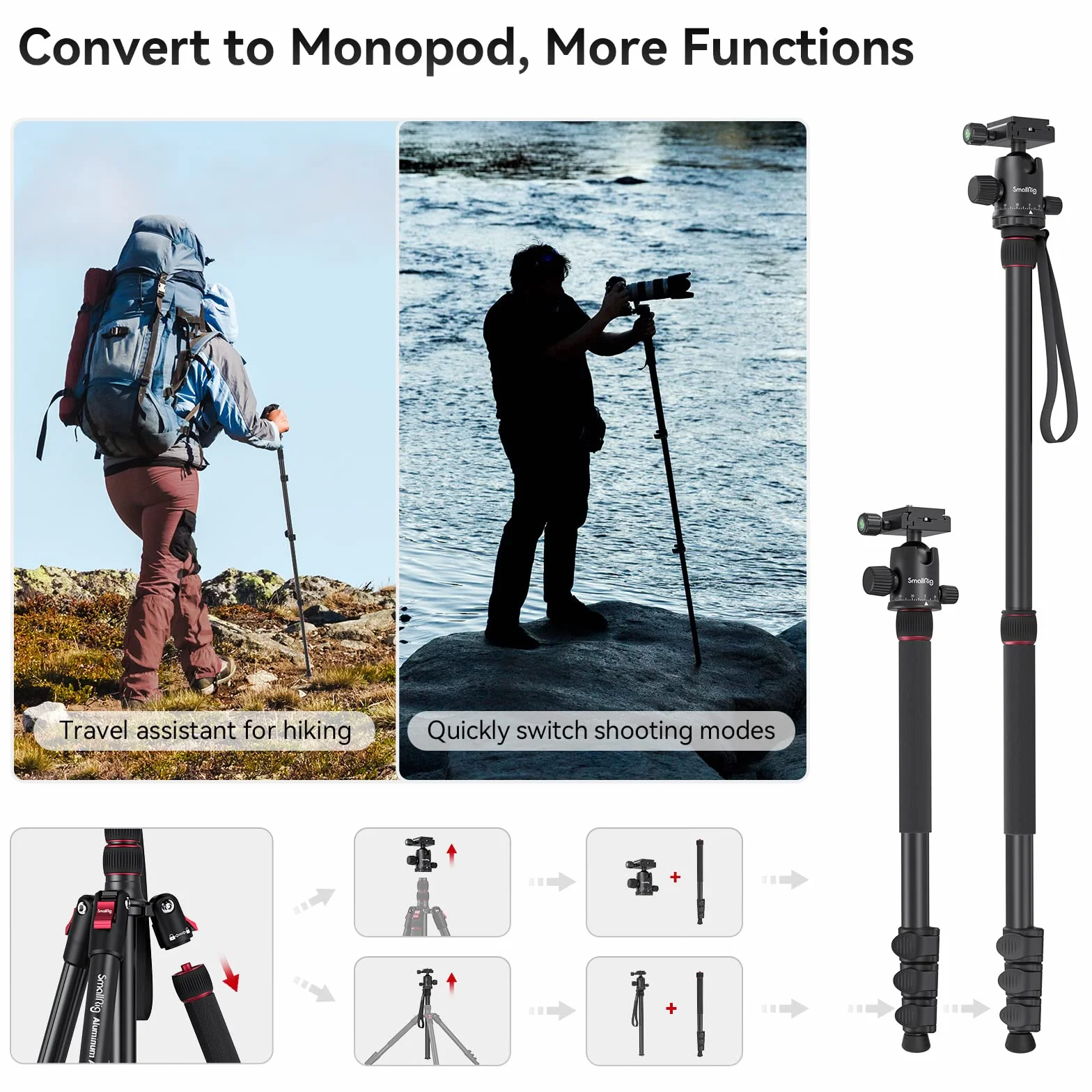 SMALLRIG Statyw do Aparatu 78", Monopod z Głowicą Kulową 360 mm 360, Profesjonalny Statyw z Torbą Transportową do Podróży i Pracy - 3474