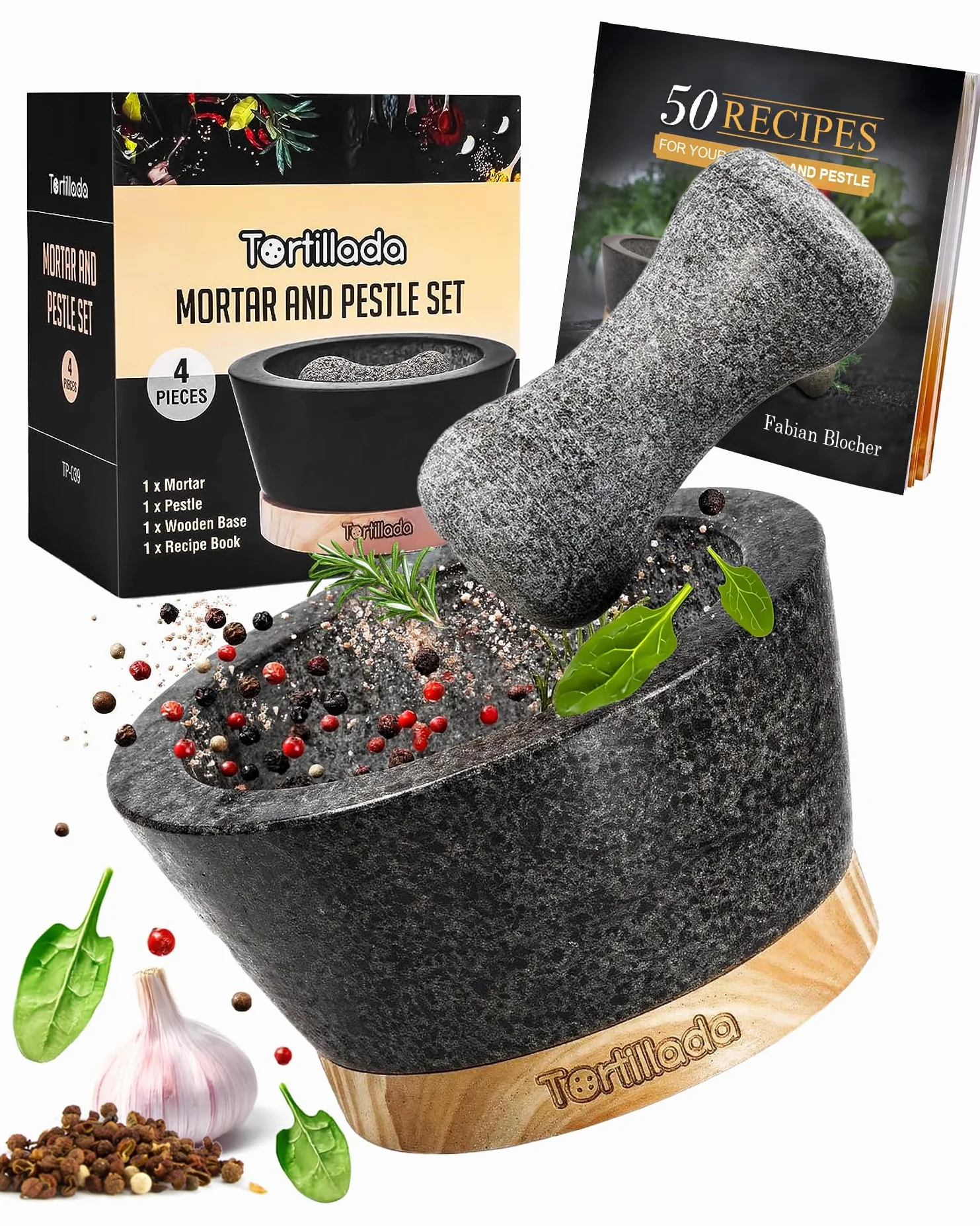 Tortillada Duży zestaw moździerzów i tłuczków 16 cm, wykonany z naturalnego granitu z podstawą z drewna, granitowy młynek do przypraw, ziół, kruszarka do tabletek z 50 przepisami, czarny