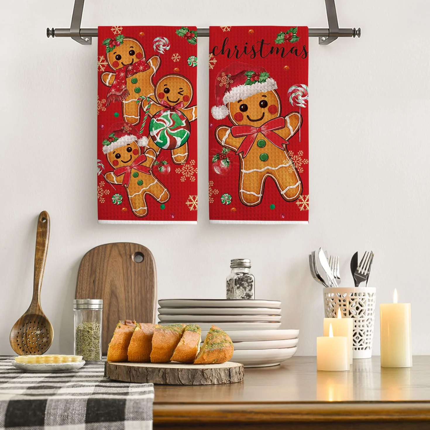Artoid Mode Czerwone figurki mężczyzn z piernikami Lollipop na Boże Narodzenie ręczniki kuchenne, 42 x 65 cm, mikrofibra, chłonne, do czyszczenia i dekoracji kuchni, 2 sztuki w zestawie