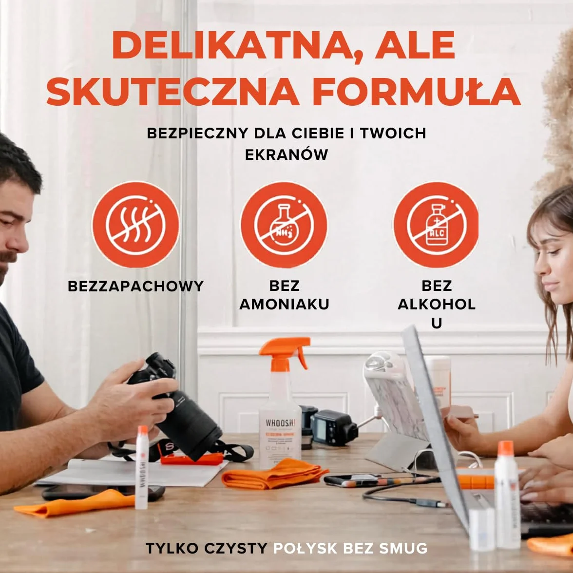 WHOOSH! Screen Shine Pro Spray do Czyszczenia Ekranu 500 ml, Bez Smug, Bez Alkoholu, TV OLED LCD, Monitor, Laptop, Smartphone, Wielokrotnego Napełniania, Ściereczka
