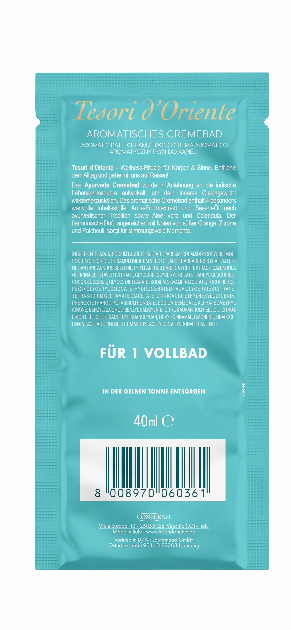 TESORI D'ORIENTE - kąpielówka "Ayurveda", aromatyczna kąpiel kremowa z owocami amla i paczulą, kremowa kąpiel do pielęgnacji ciała, rytuał wellness dla ciała i zmysłów, 40 ml