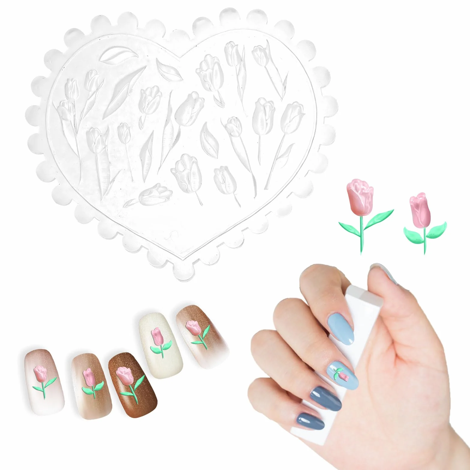 lasuroa Silikonowe Formy Paznokci Tulipan, 3D Formy Kwiatowe do Projektowania Paznokci Ozdoby z Żywicy Wielokrotnego Użytku Rzeźbione Wiosenne Szablony do Dekoracji Manicure Akcesoria