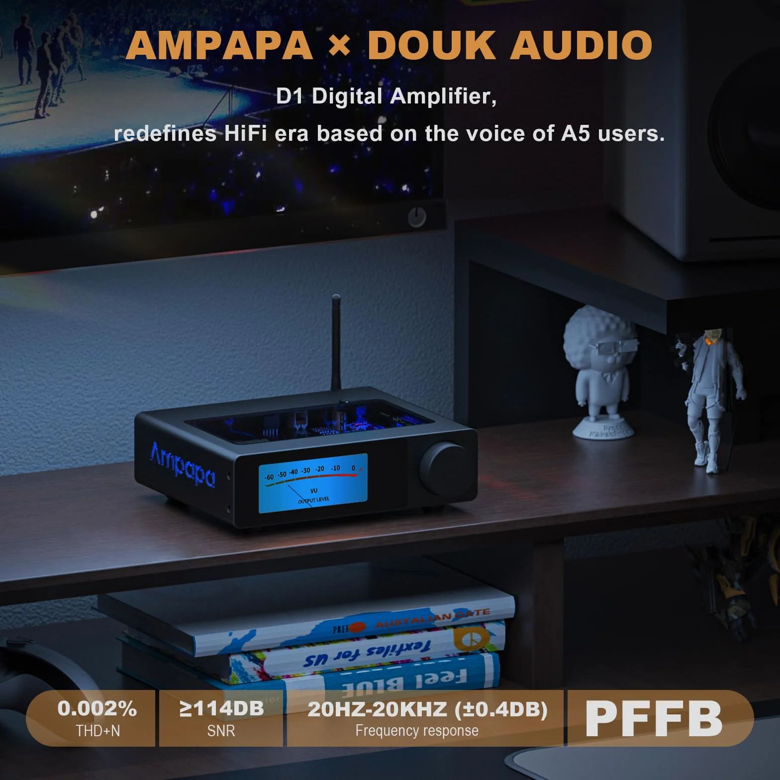 2-kanałowy wzmacniacz Bluetooth: Wzmacniacz stereo HiFi 300 W x2 z BT 5.2 | HPF | Cyfrowy miernik VU | Wyjście SUB | Zrównoważone wejście TRS | Sterowanie tonem i pilot do głośników półkowych