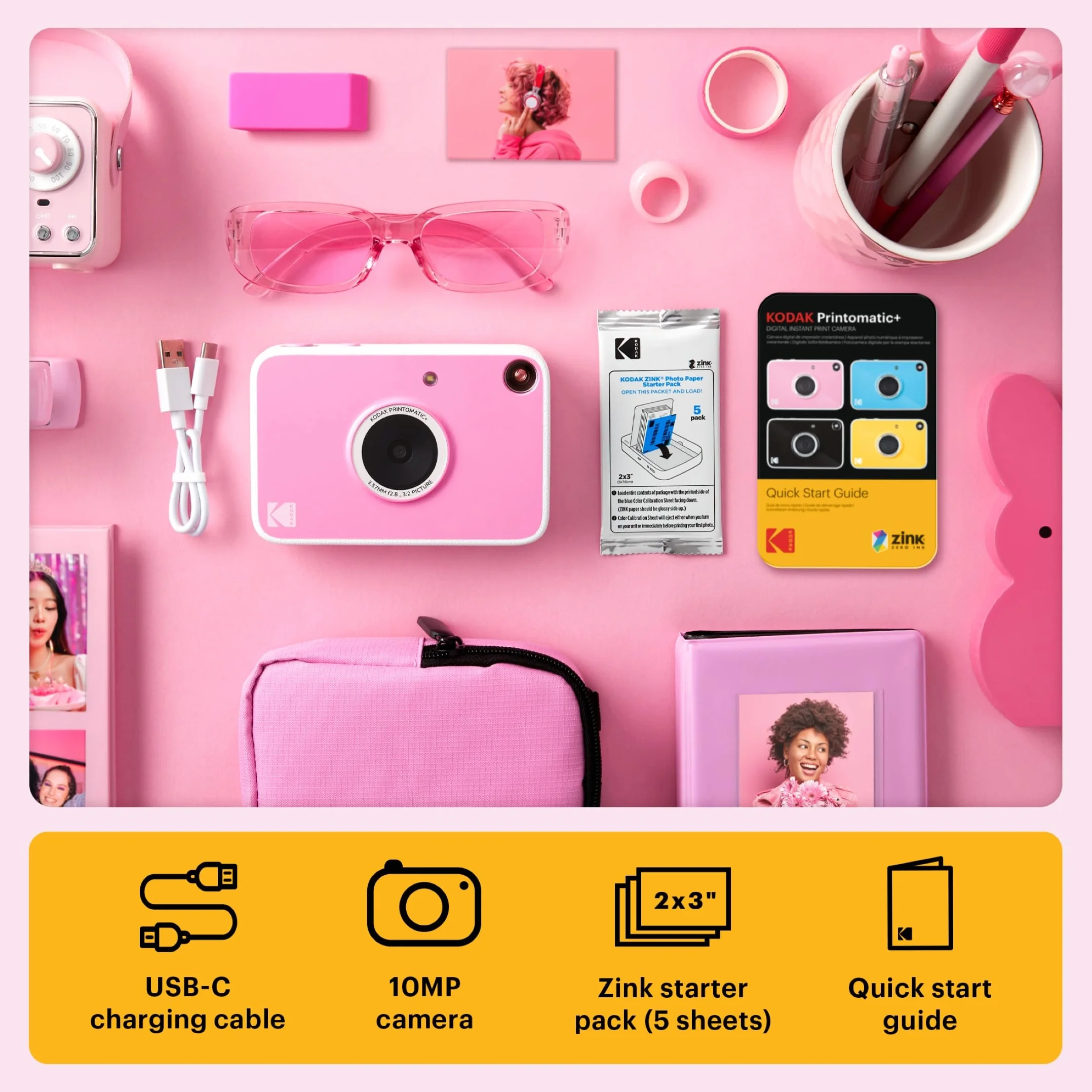 KODAK Printomatic+ Aparat Cyfrowy Natychmiastowy 10MP z Diody RGB, drukuje kolorowe zdjęcia na papierze Zink 2x3” – Różowy