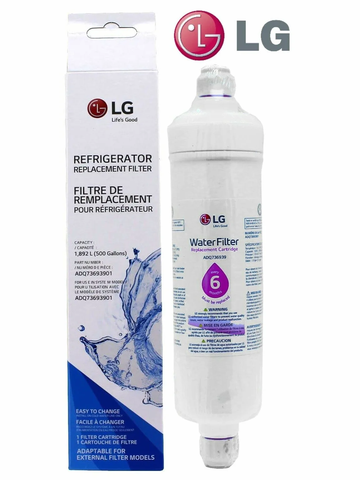 LG ADQ73693901 Zapasowy wkład filtra wody do lodówki "Push Fit Fitting" (1 sztuka)
