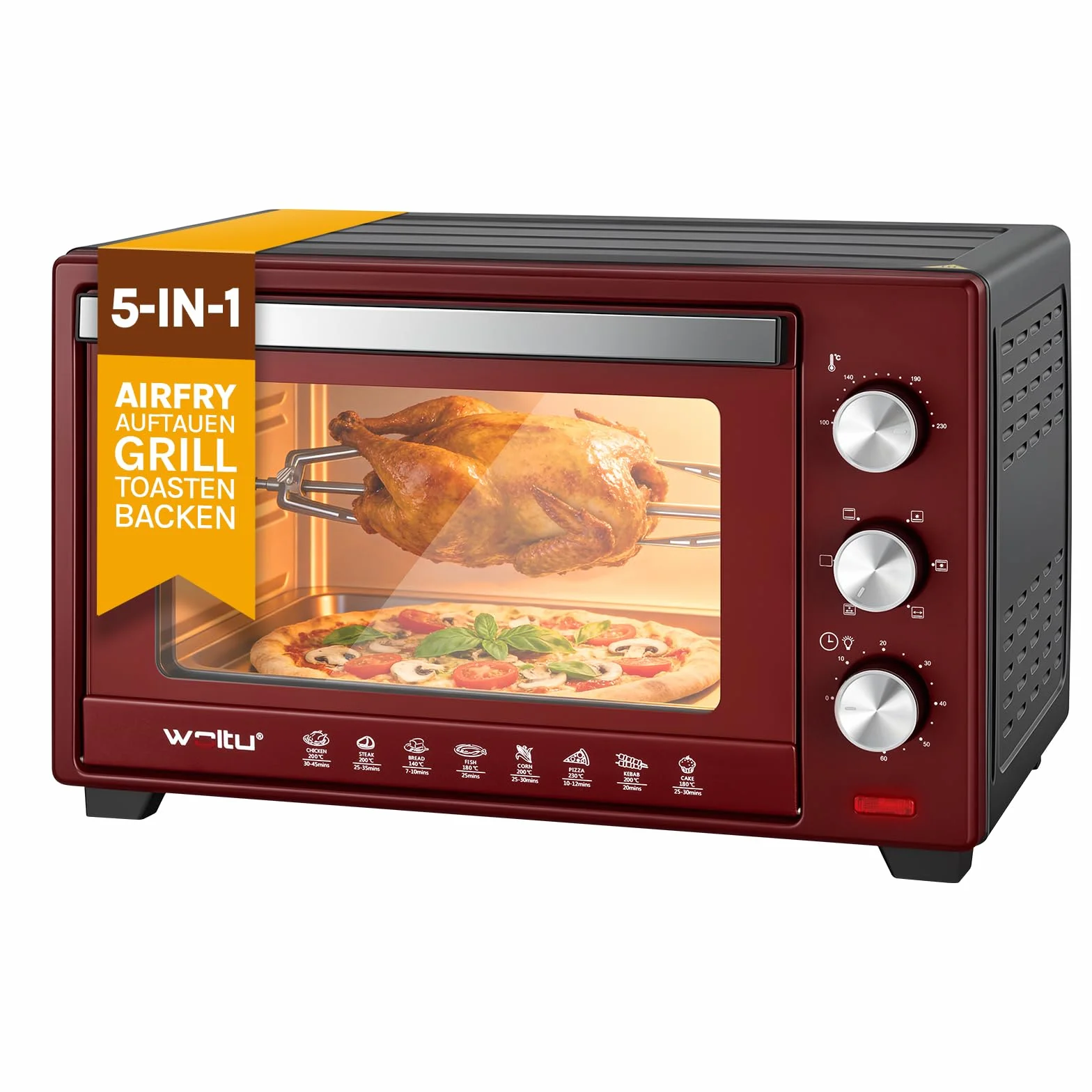 WOLTU mini piekarnik 32 litry, toster 1600 Watt | Piec do pizzy | Wyjmowana tacka na okruchy z minipiekarnikiem z timerem do pizzy, tostów, indyka, hot-dogów, czarny + czerwony