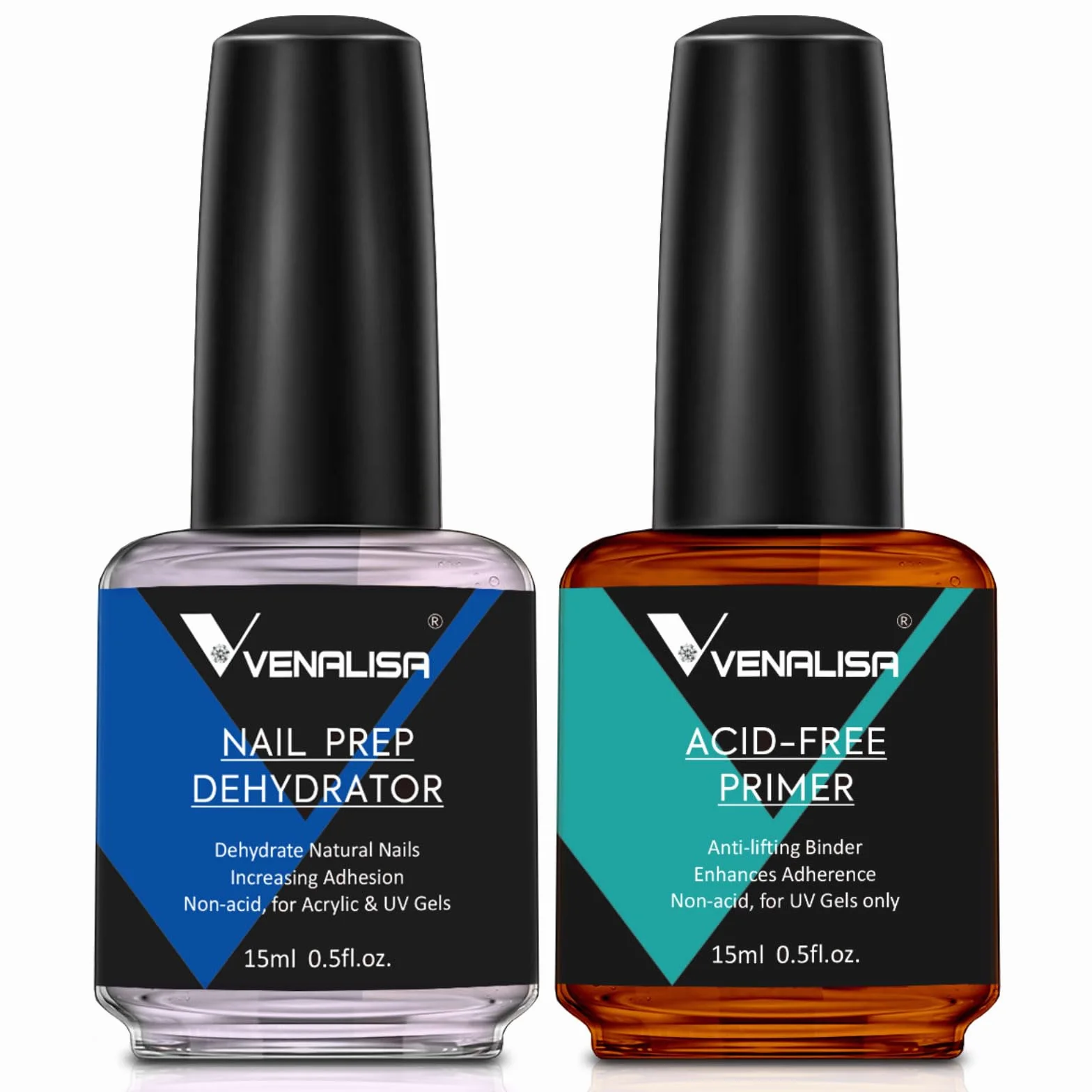VENALISA 2 PCS 15ml Nail Art Salon Professional Nail Prep Dehydrator Air Dry No Acid Primer Enamel UV Gel Nail Polish Kit for DIY at Home Nail Care Kit