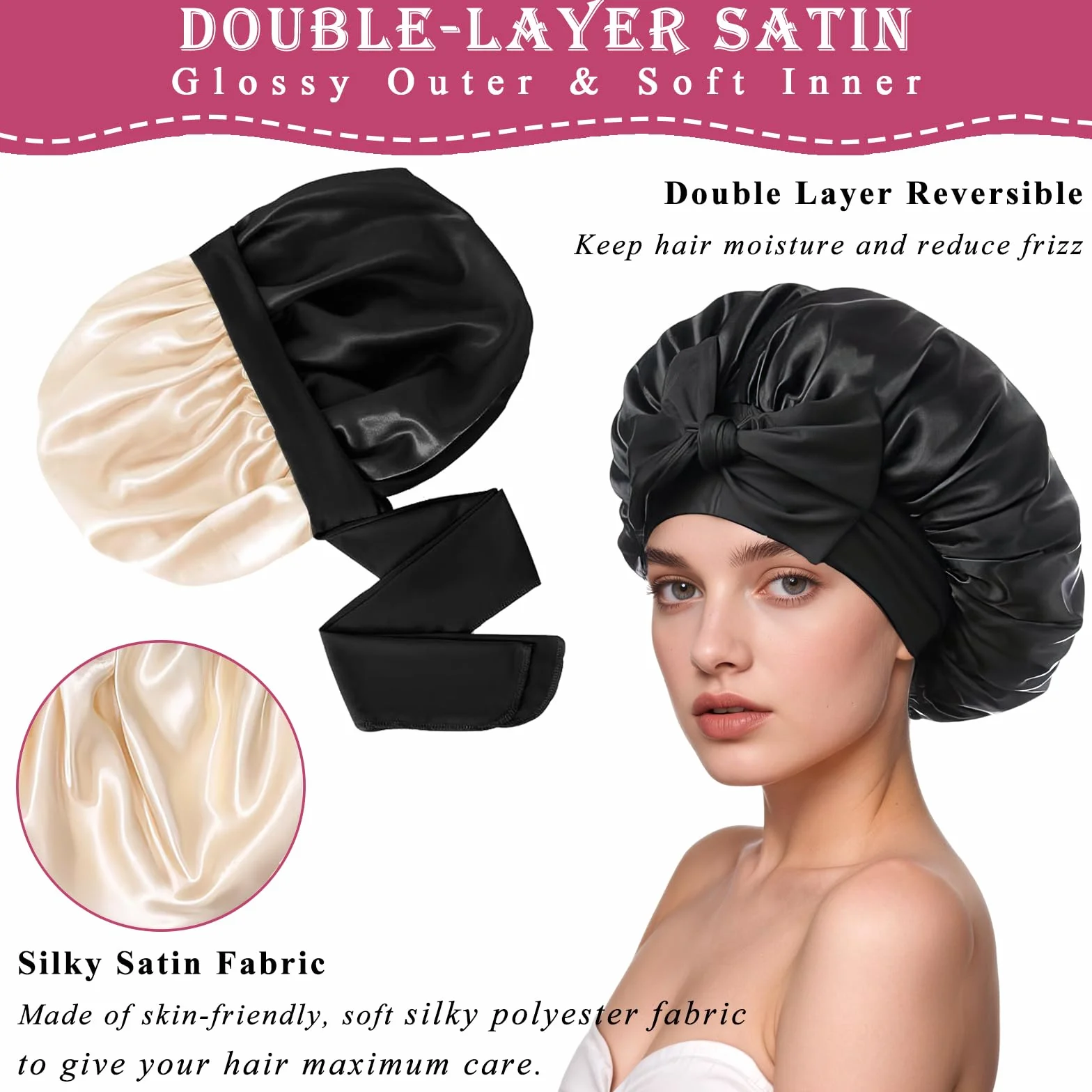 Loomify Satynowy czepek do włosów, dwustronny, jedwabny czepek do spania, regulowana czapka do spania dla kobiet i dziewcząt